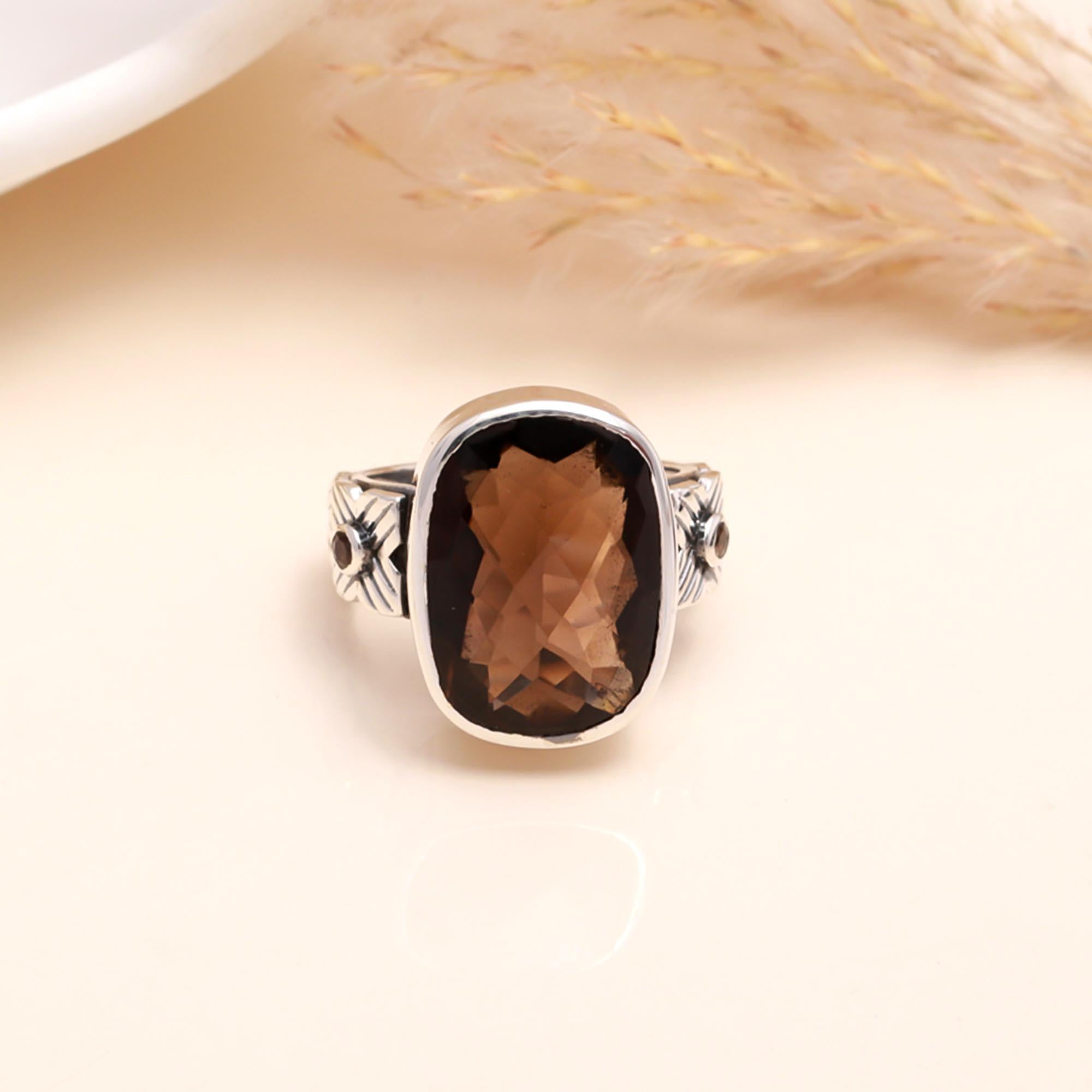 925 Sterling Silver Cushion-Cut Smoky Quartz Boho Ring