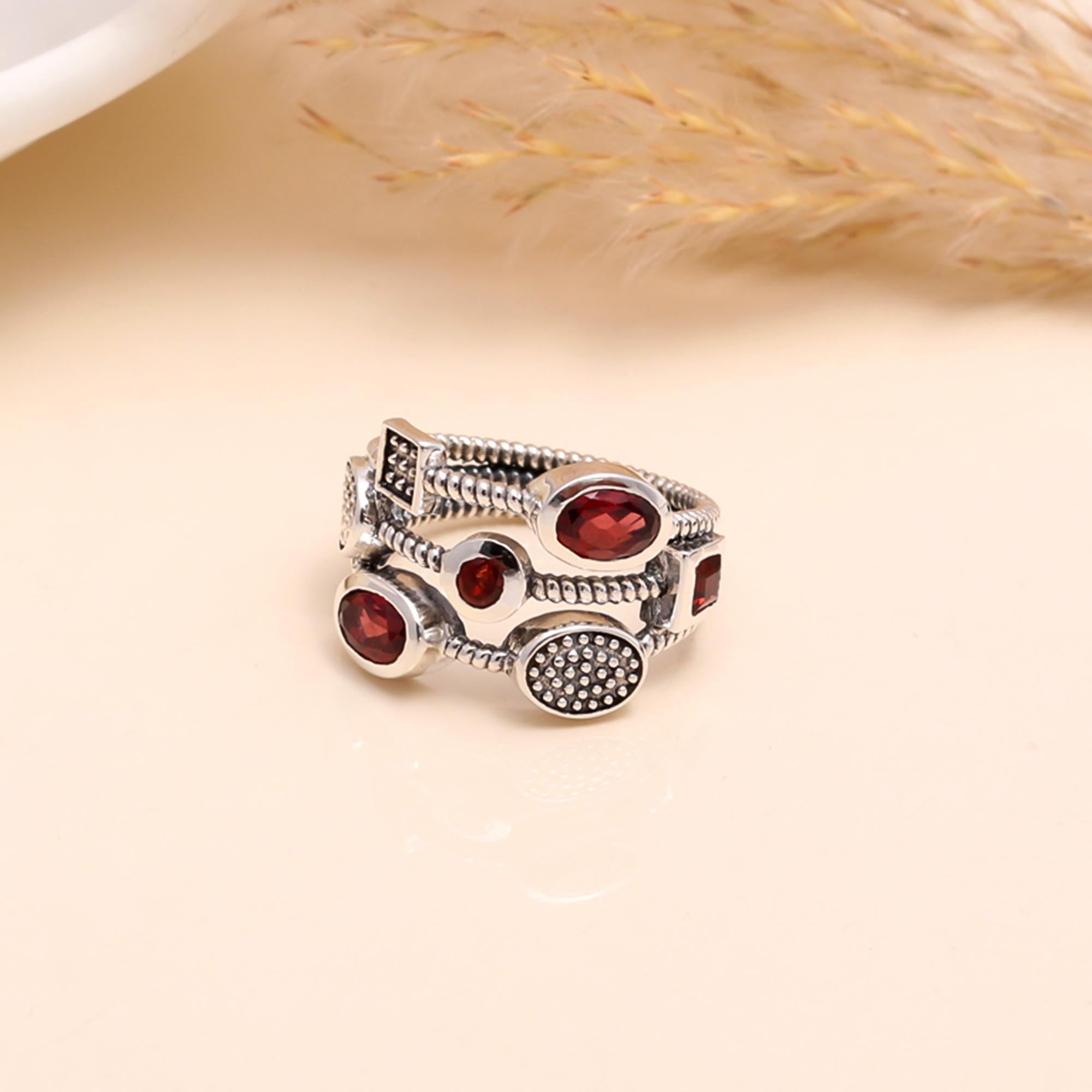 925 Sterling Silver Multi-Garnet Boho Statement Ring