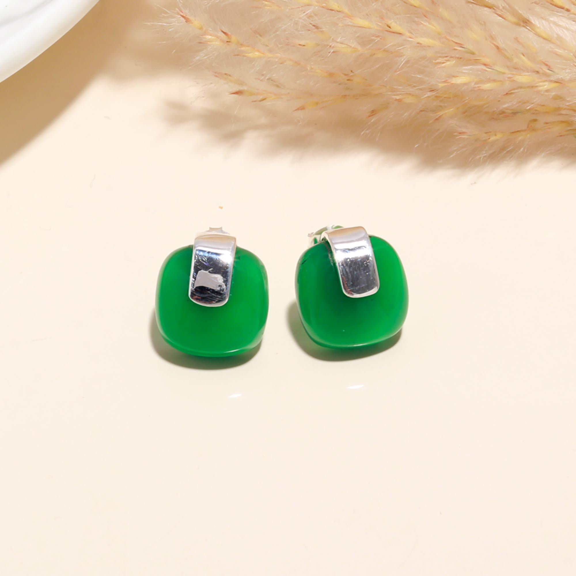 925 Sterling Silver Green Chalcedony Modern Studs Earrings