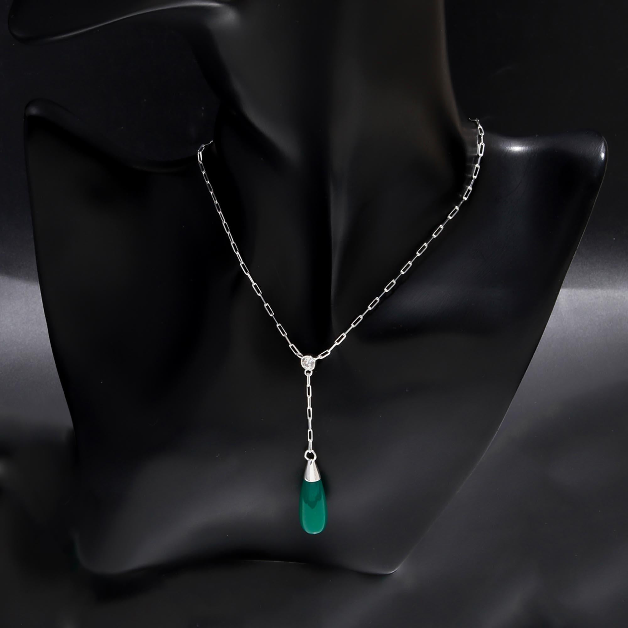 925 Sterling Silver Green Chalcedony Teardrop Necklace