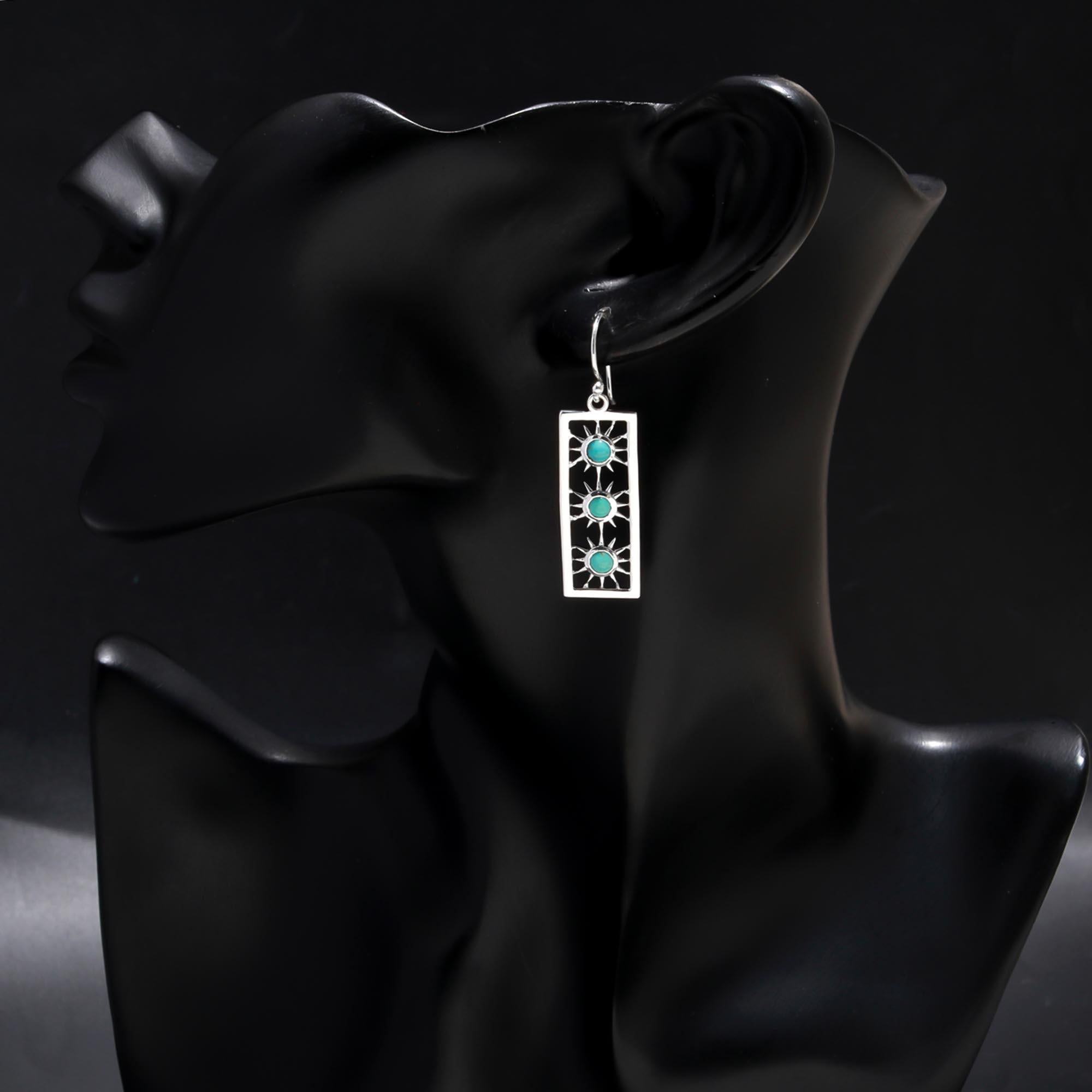 925 Sterling Silver Rectangle Turquoise Sunburst Dangle Earrings