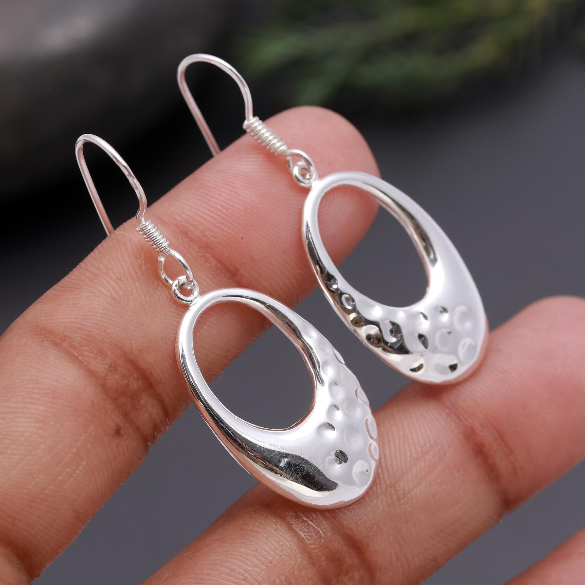 925 Silver Hammered Oval Drop Earrings