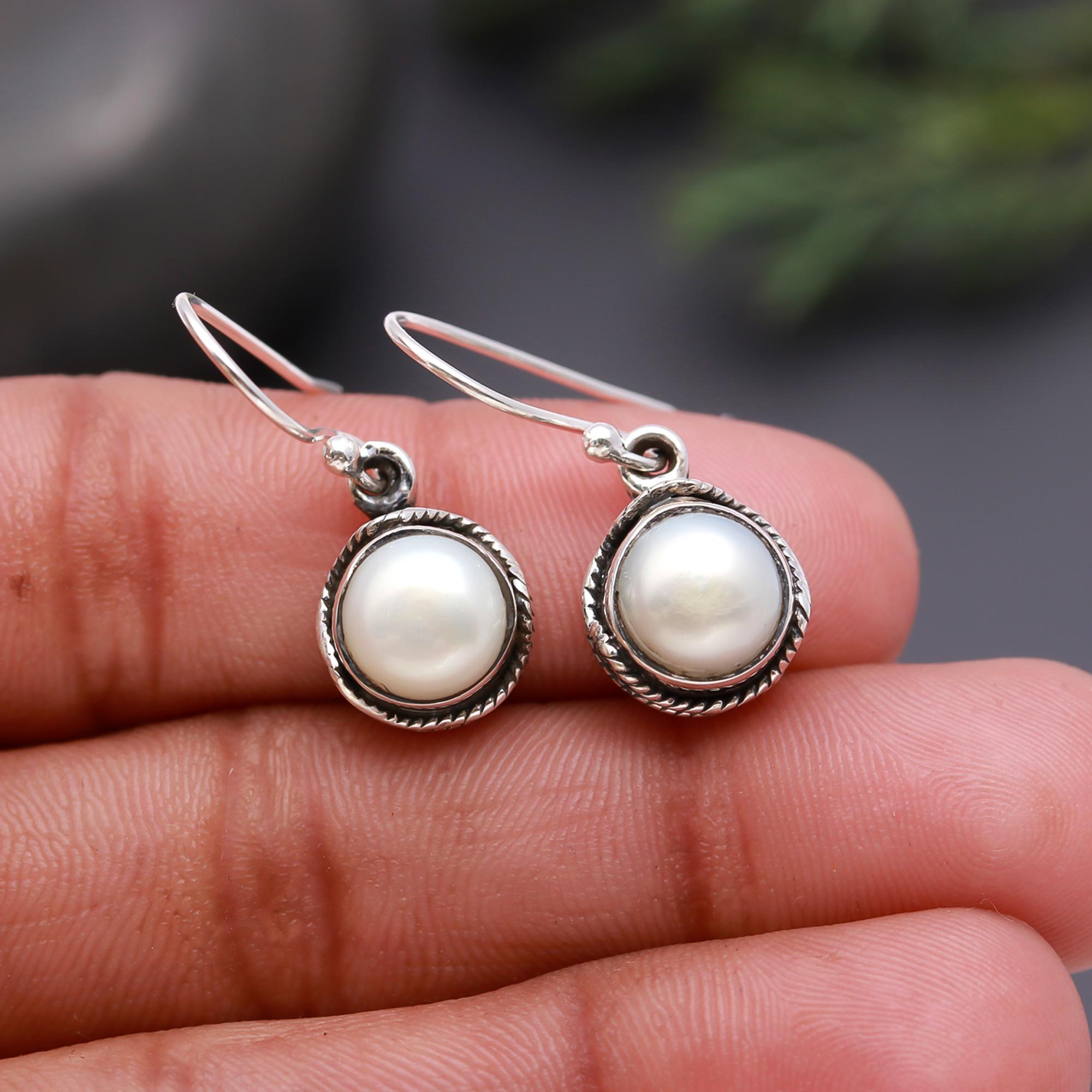 925 Silver Round White Pearl Drop Earrings