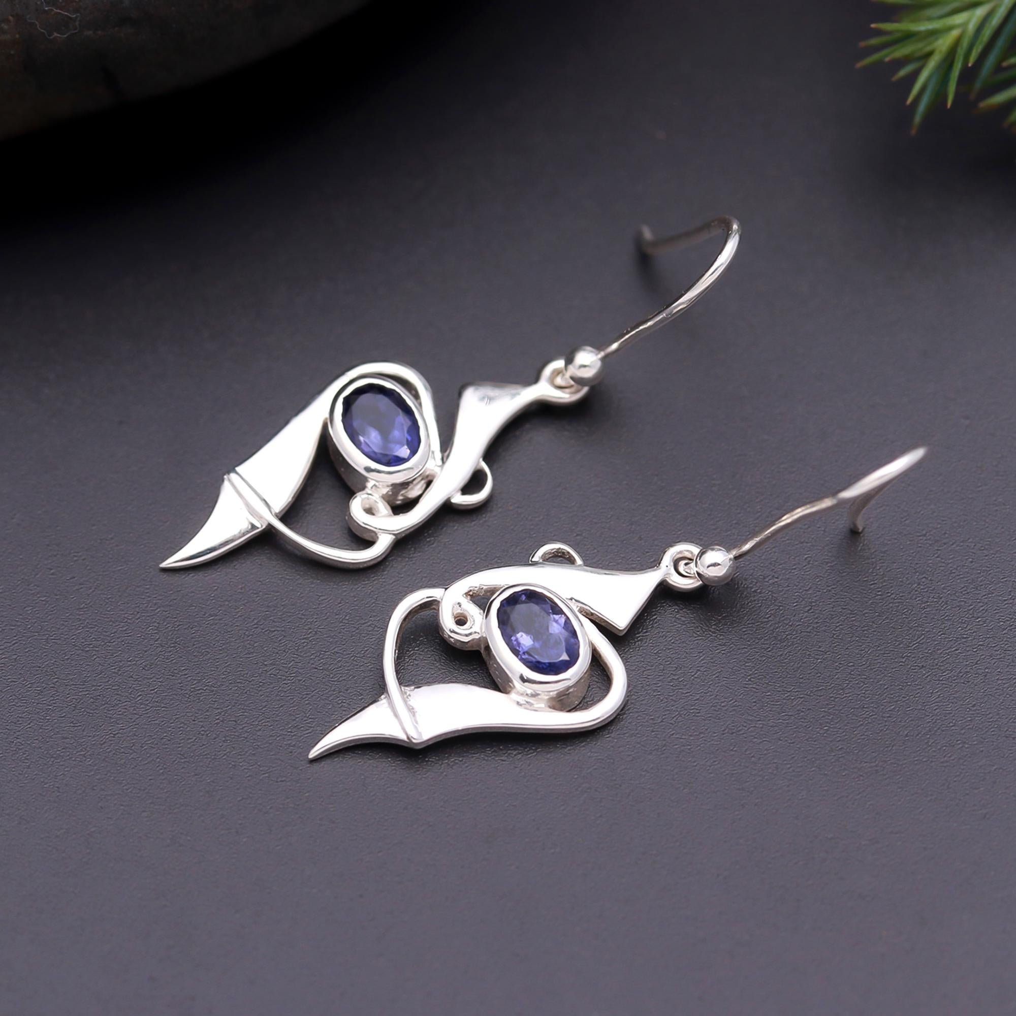 925 Silver Oval Iolite Drop Earrings