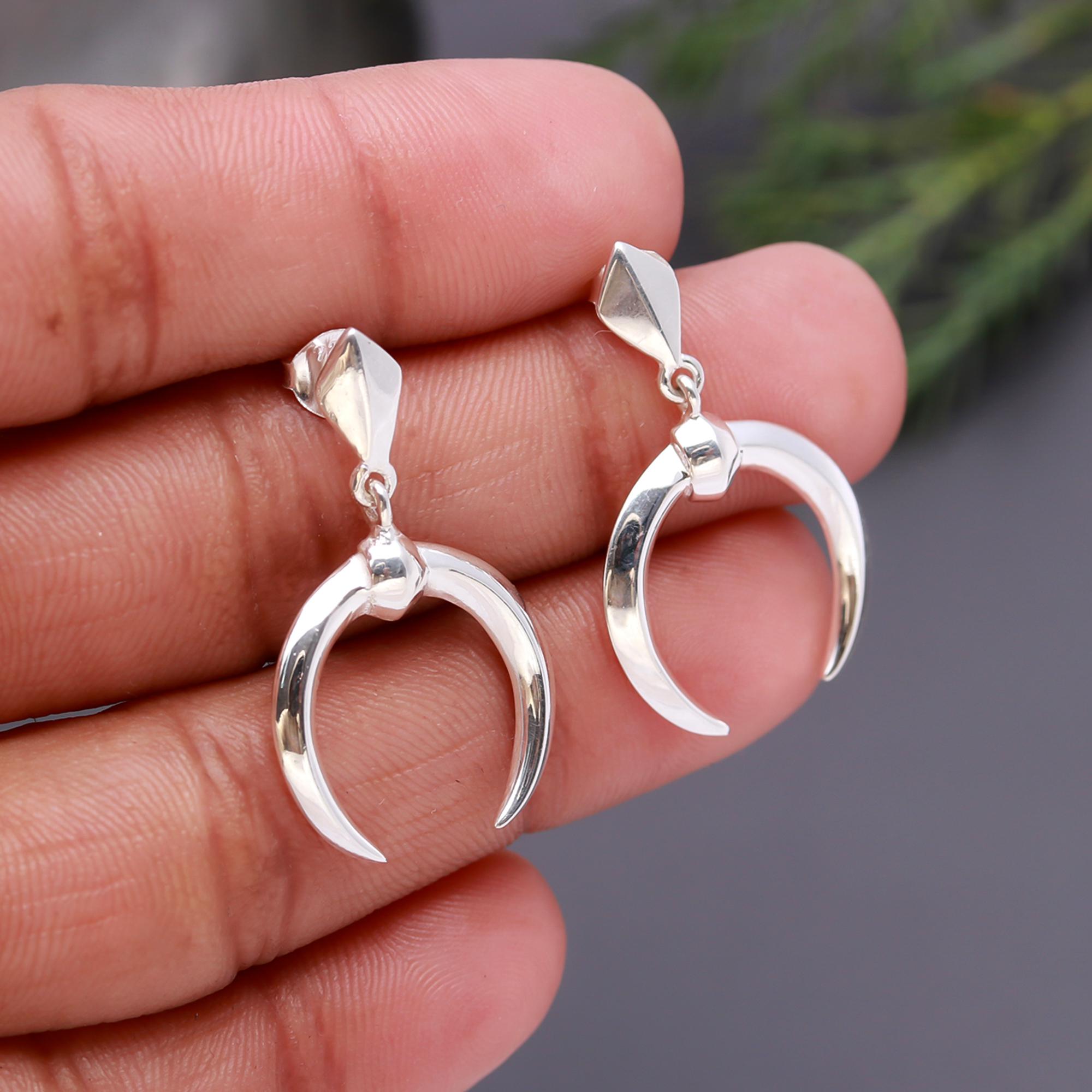 925 Silver Crescent Horn Drop Earrings
