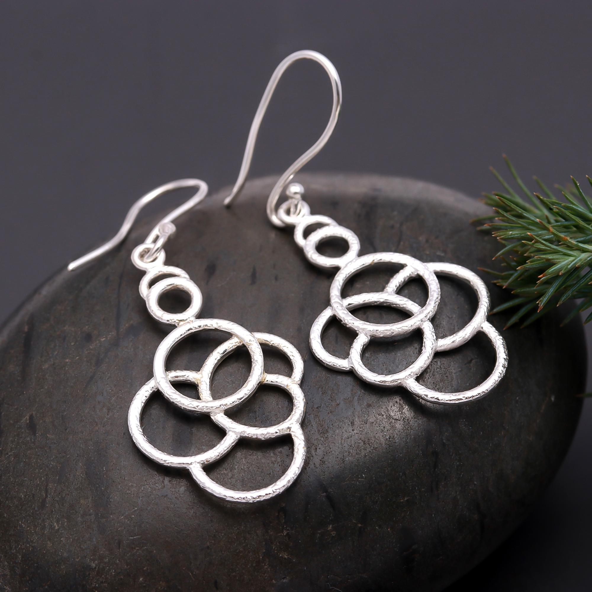 925 Silver Multi-Circle Textured Dangle Earrings