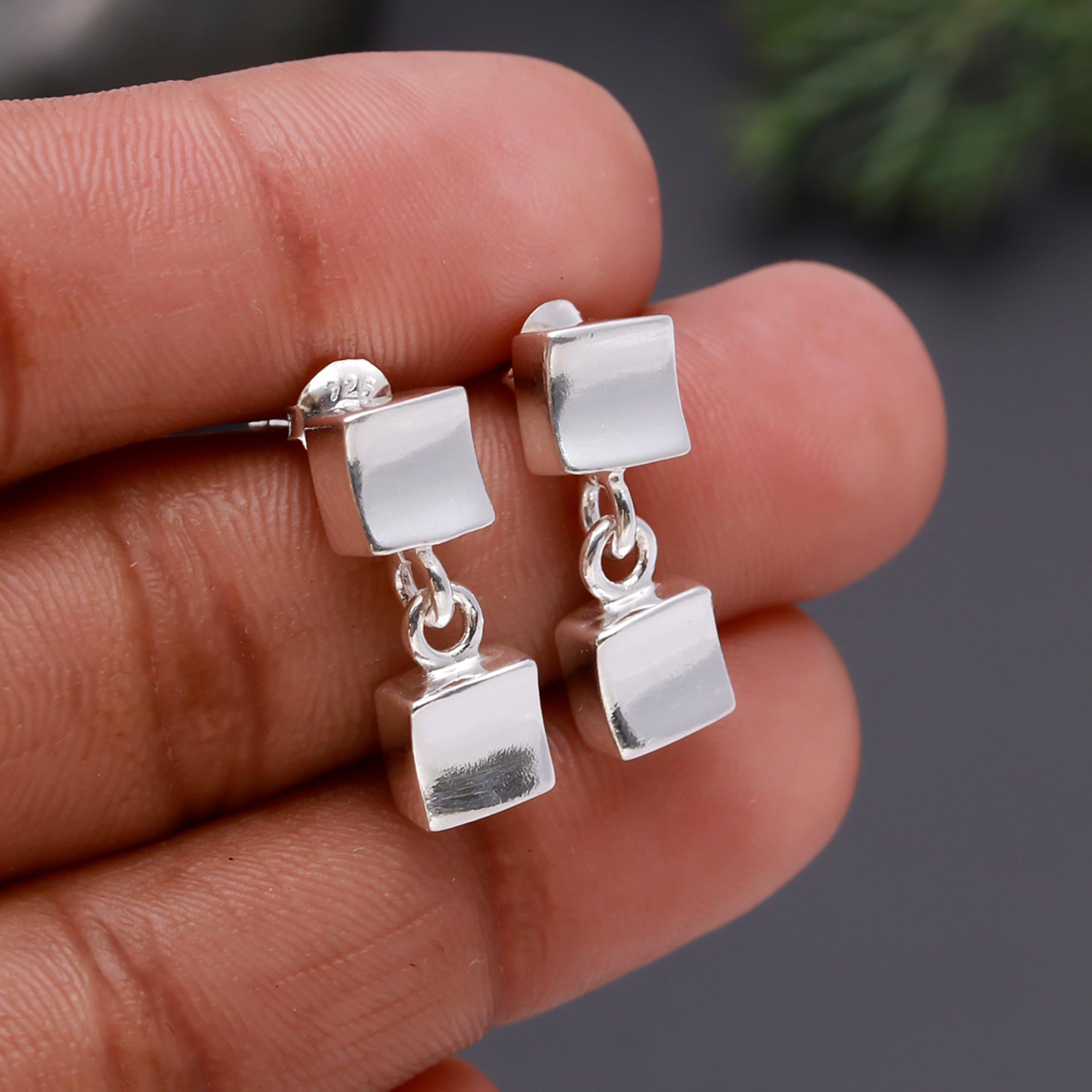 925 Silver Double Cube Stud Drop Earrings