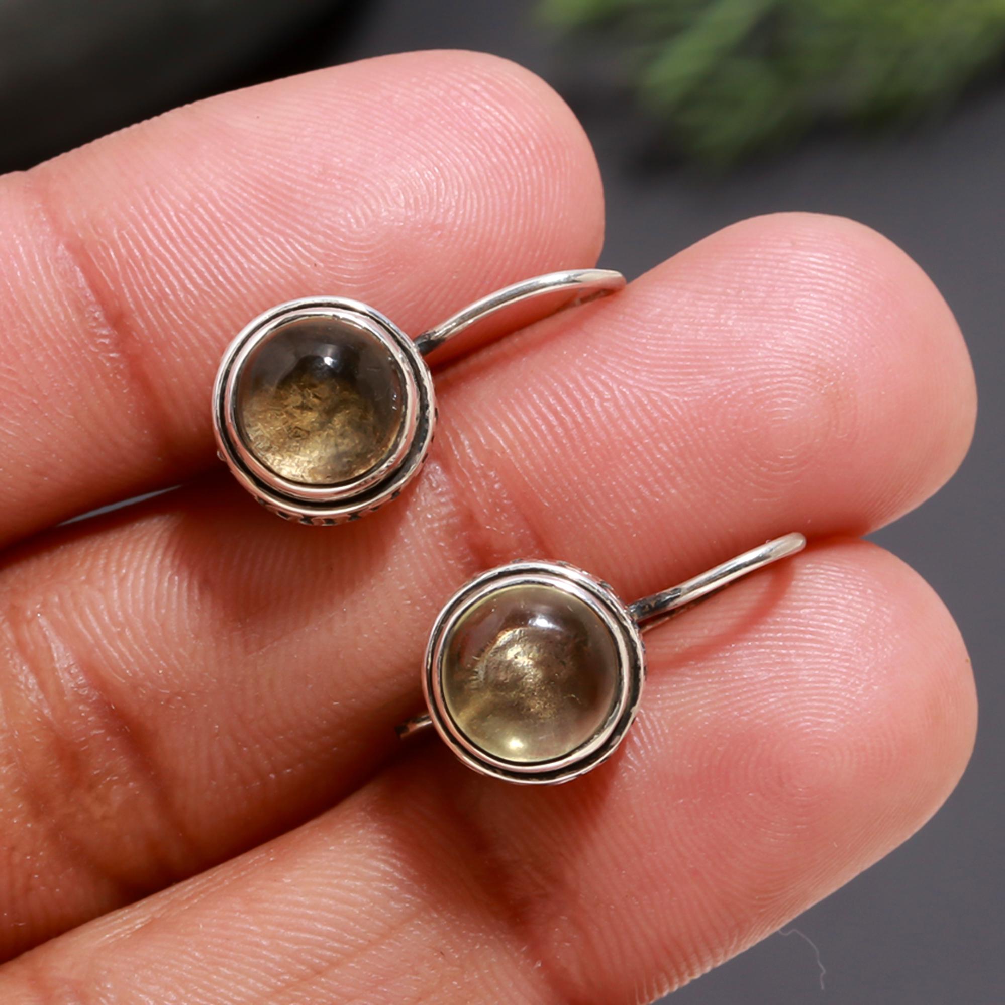 925 Silver Round Smoky Quartz Dangle Earrings