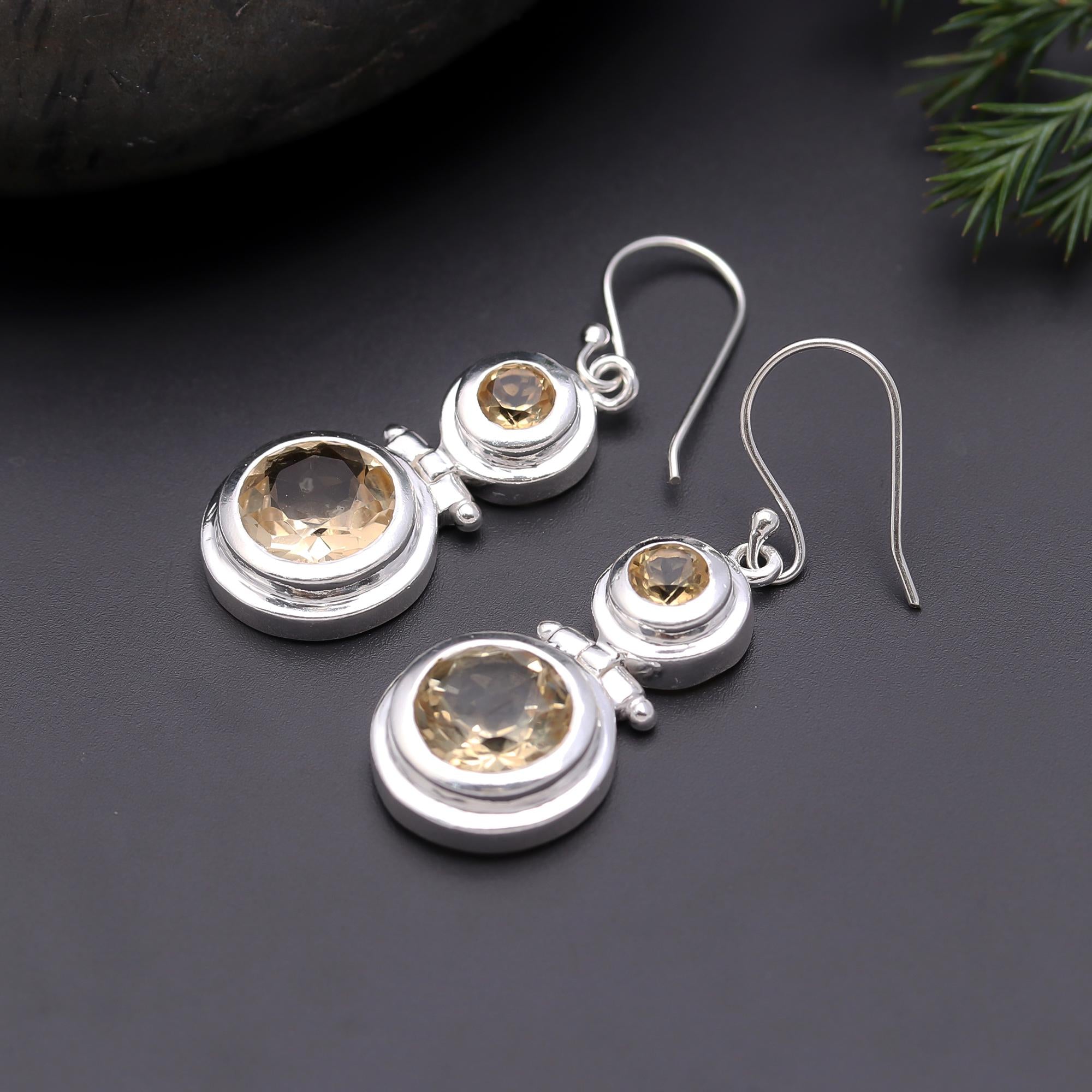 925 Silver Double Circle Faceted Citrine Dangle Earrings