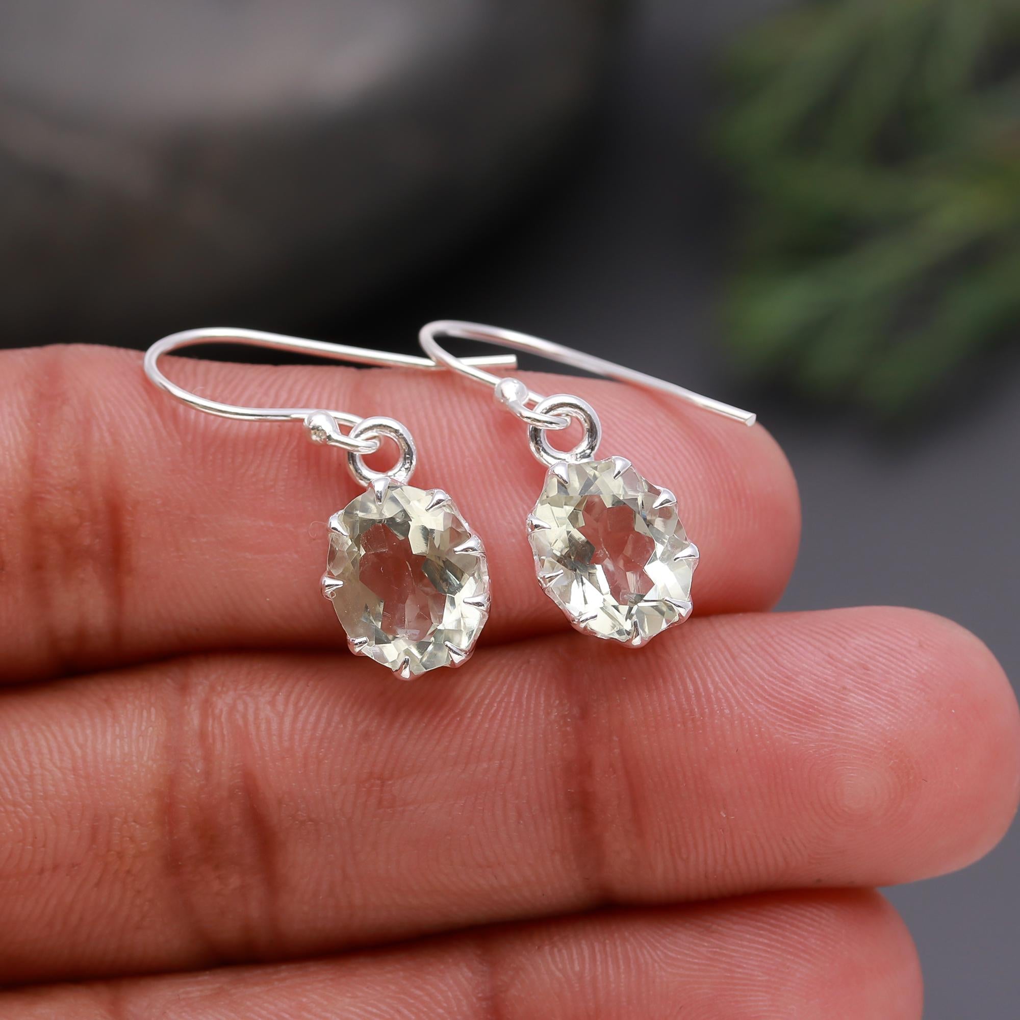 925 Silver Oval Green Amethyst Dangle Earrings