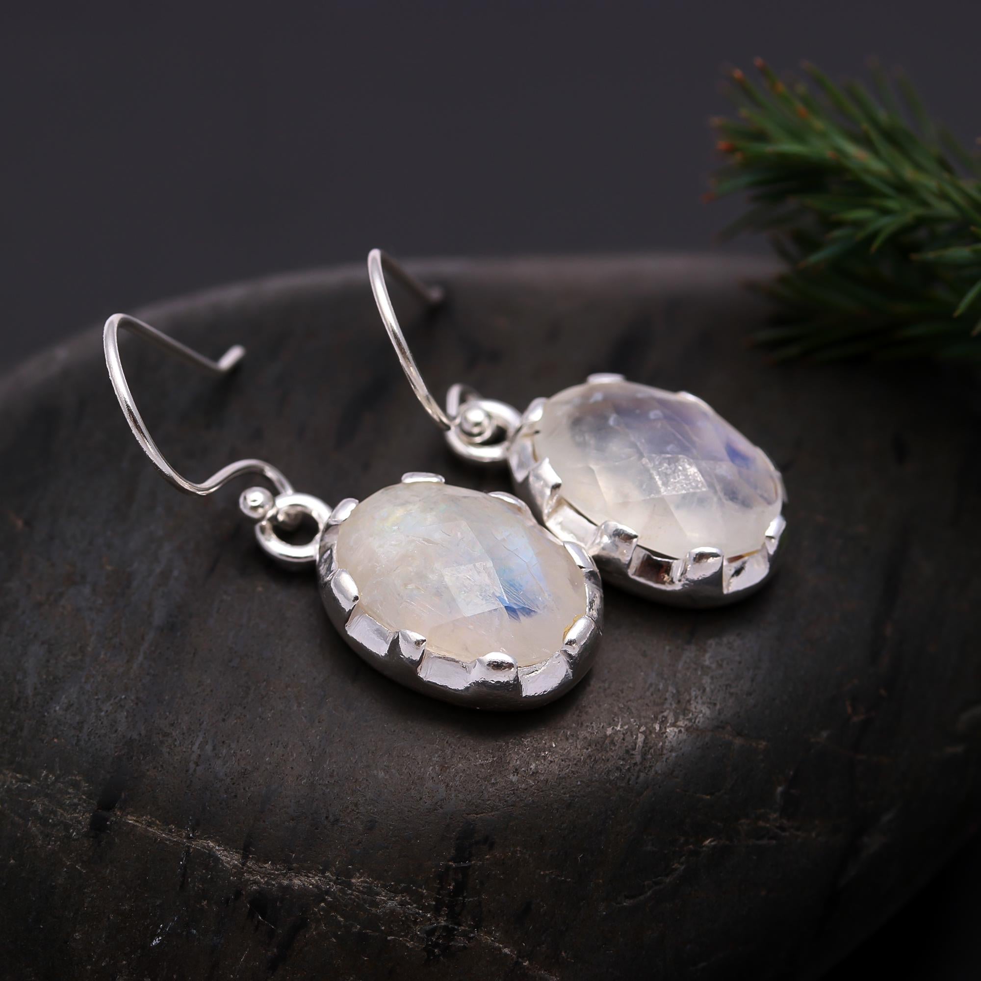 925 Silver Rainbow Moonstone Dangle Earrings