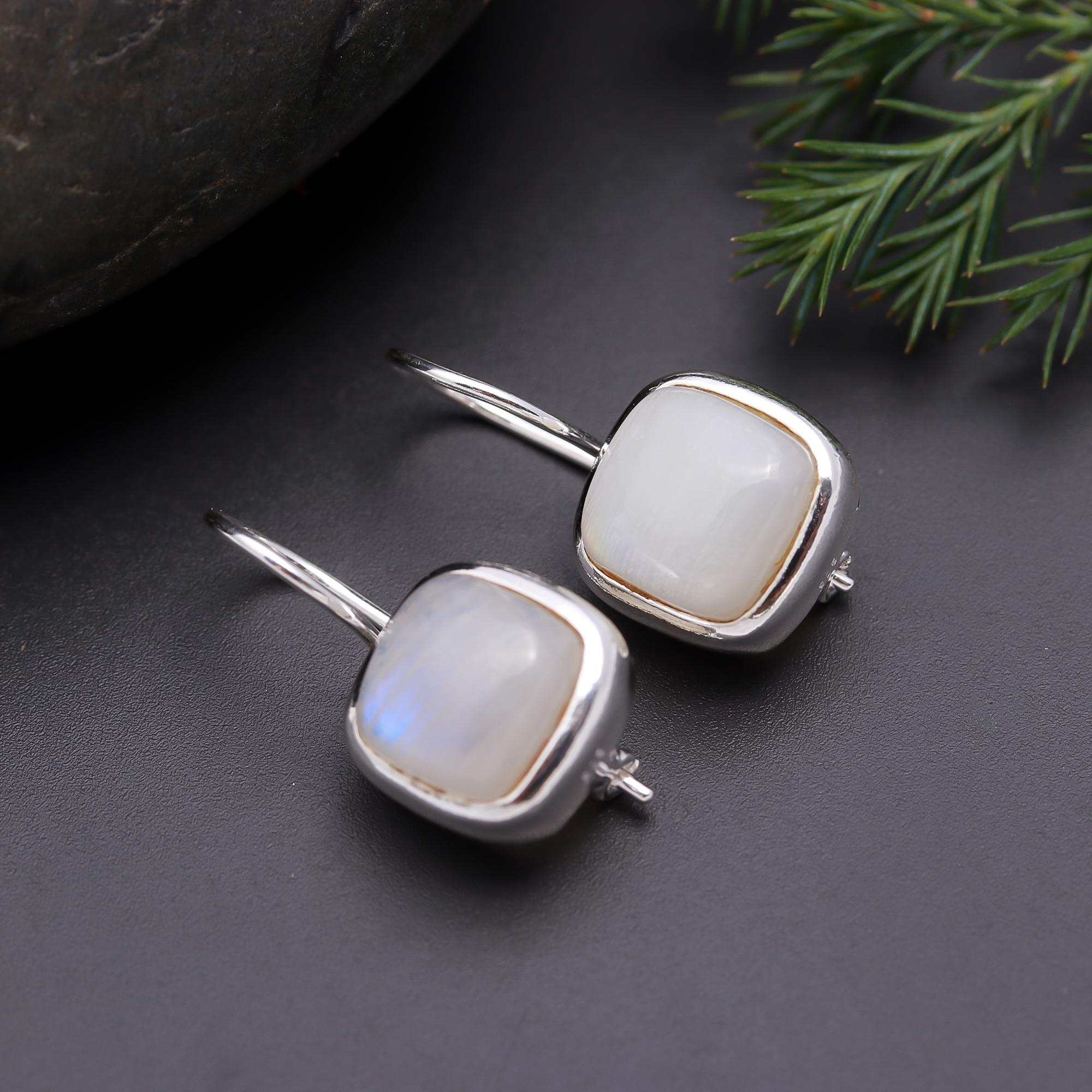 925 Silver Cushion Rainbow Moonstone Dangle Earrings