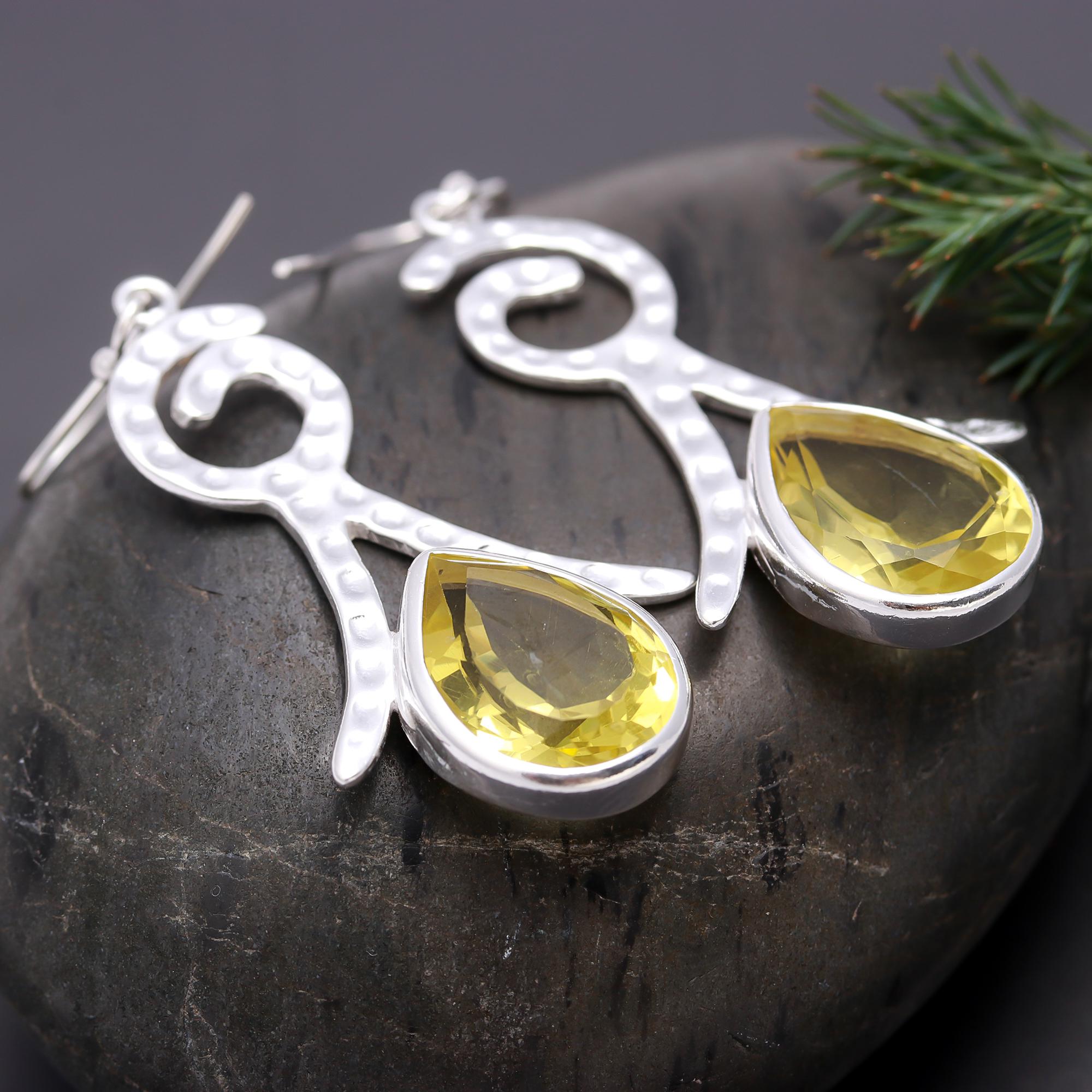 925 Silver Swirl Yellow Quartz Dangle Earrings