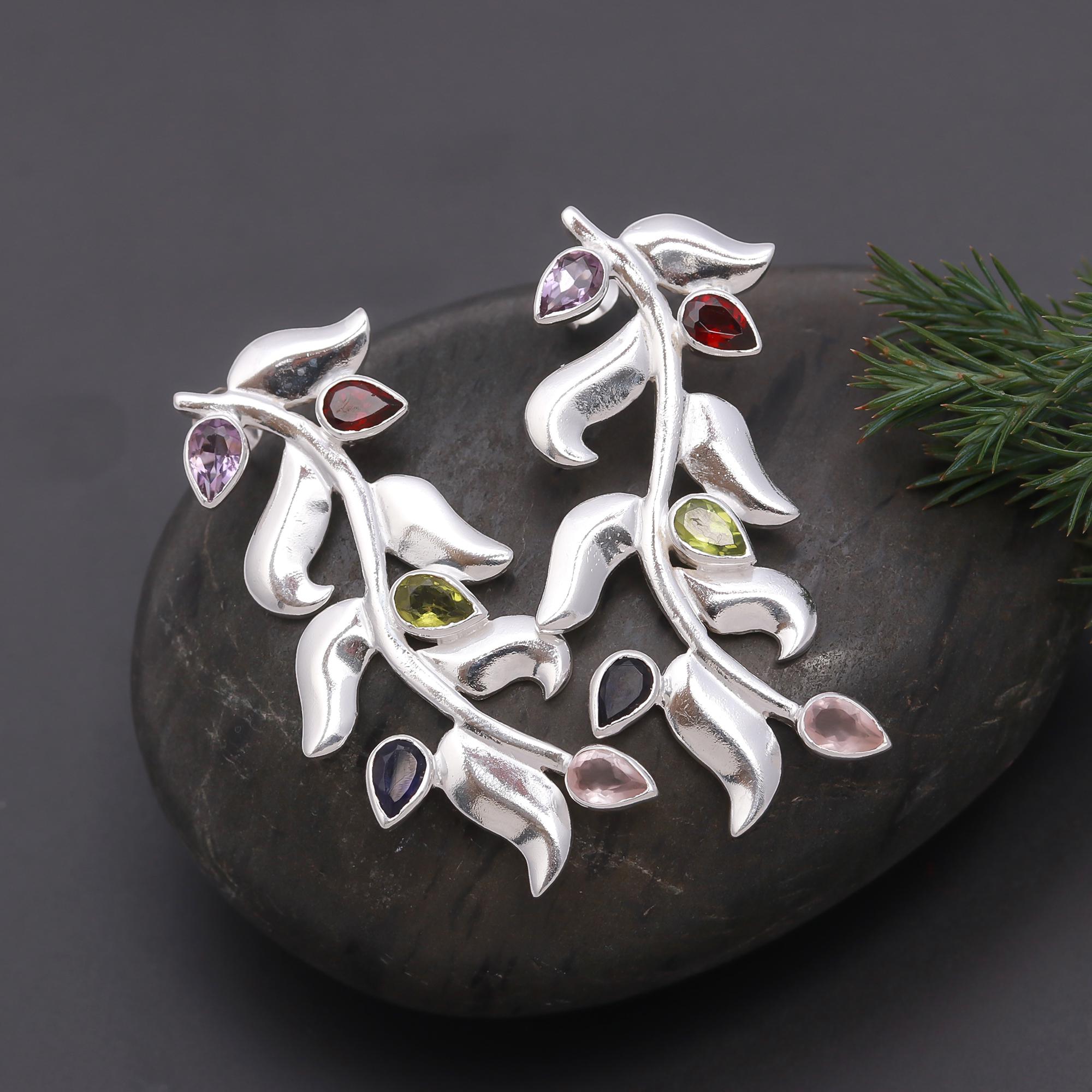 925 Silver Multi-Gemstone Leaf Drop Earrings