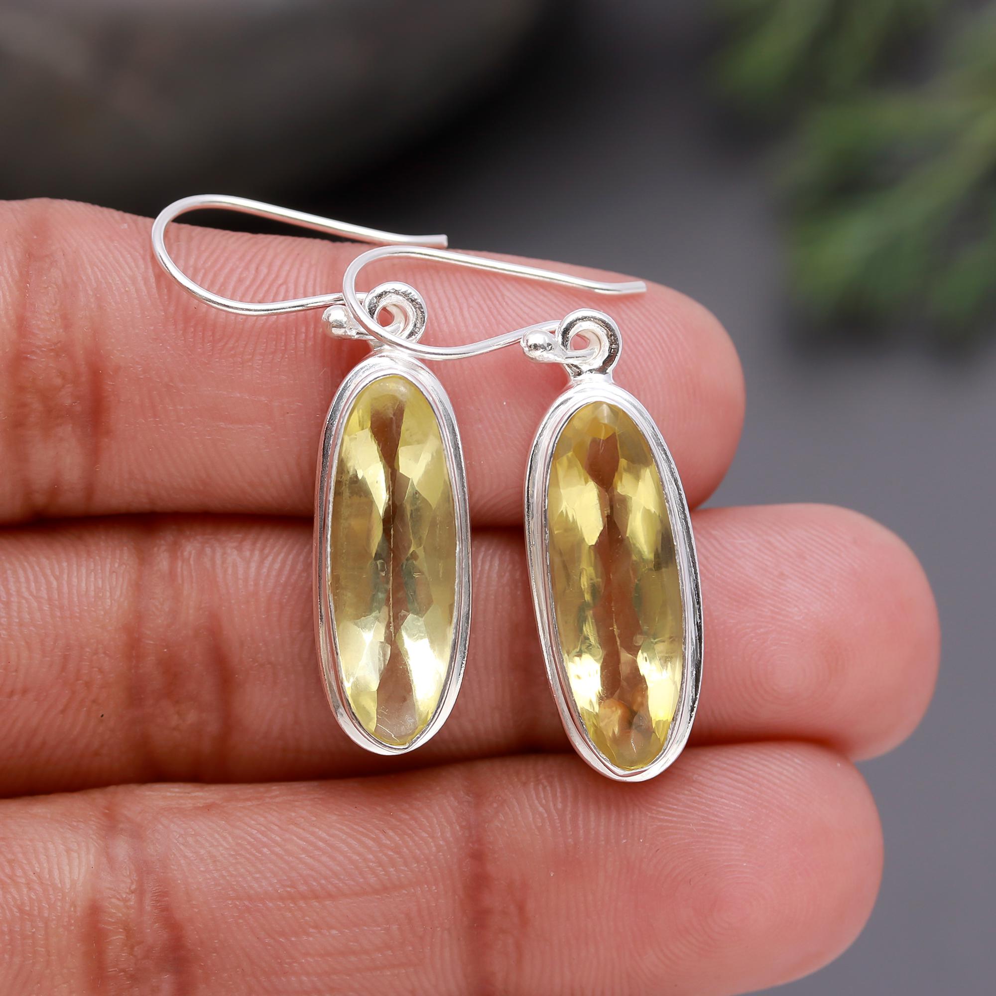 925 Silver Long Oval Lemon Quartz Dangle Earrings
