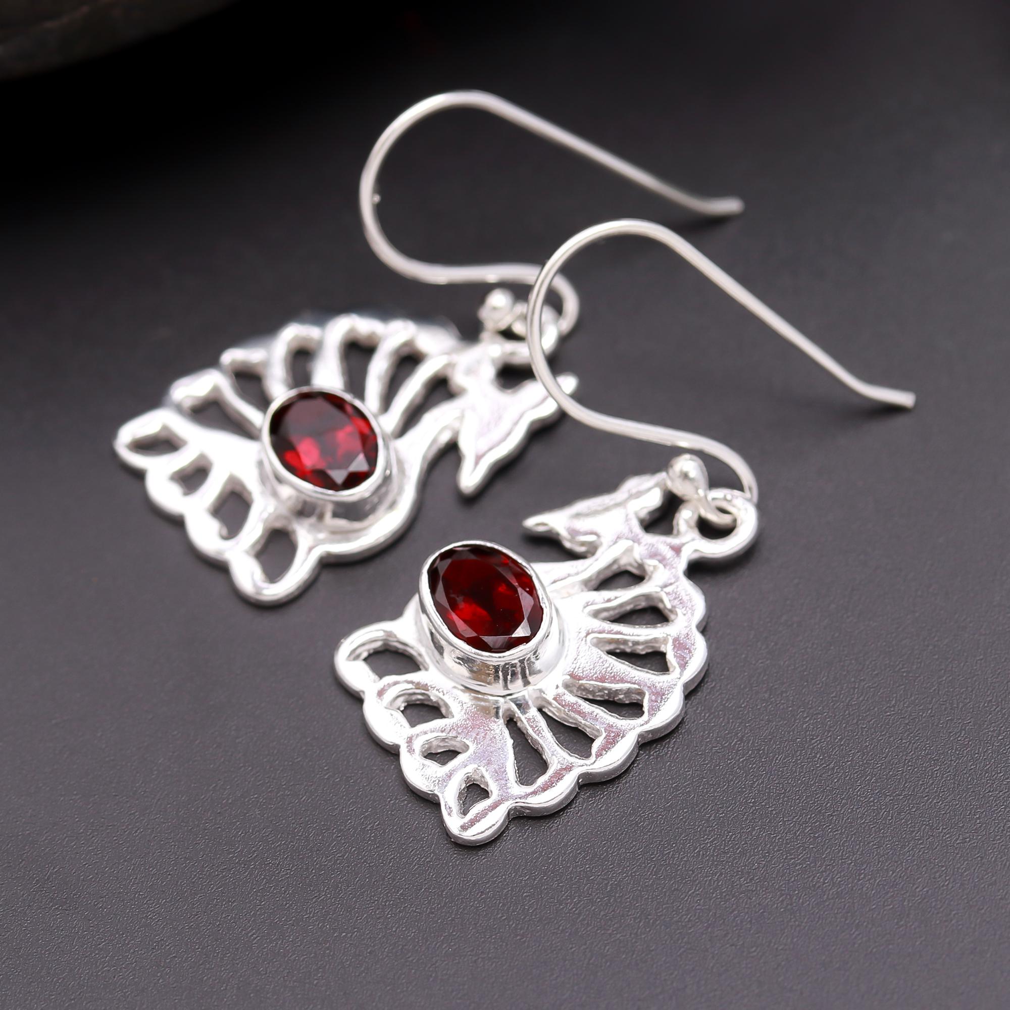 925 Silver Garnet Dangle Earrings