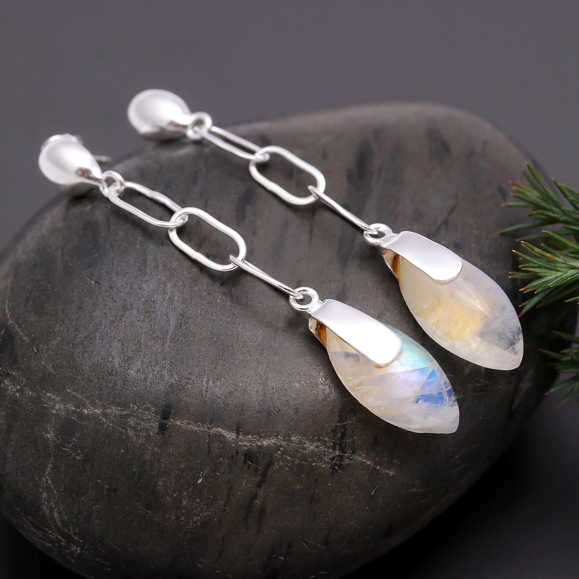 925 Silver Long Chain Moonstone Drop Earrings