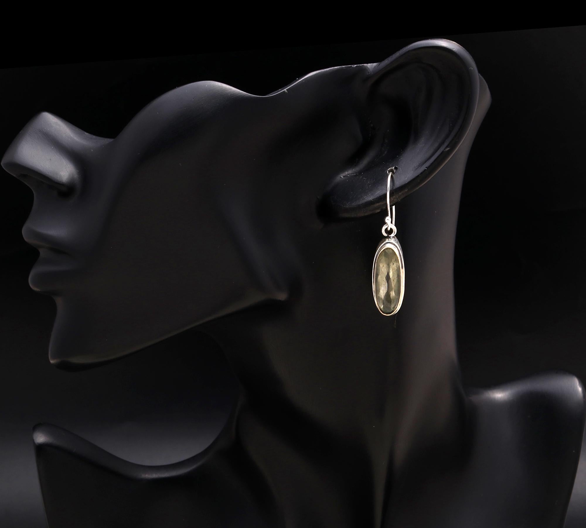 925 Silver Long Oval Green Quartz Dangle Earrings