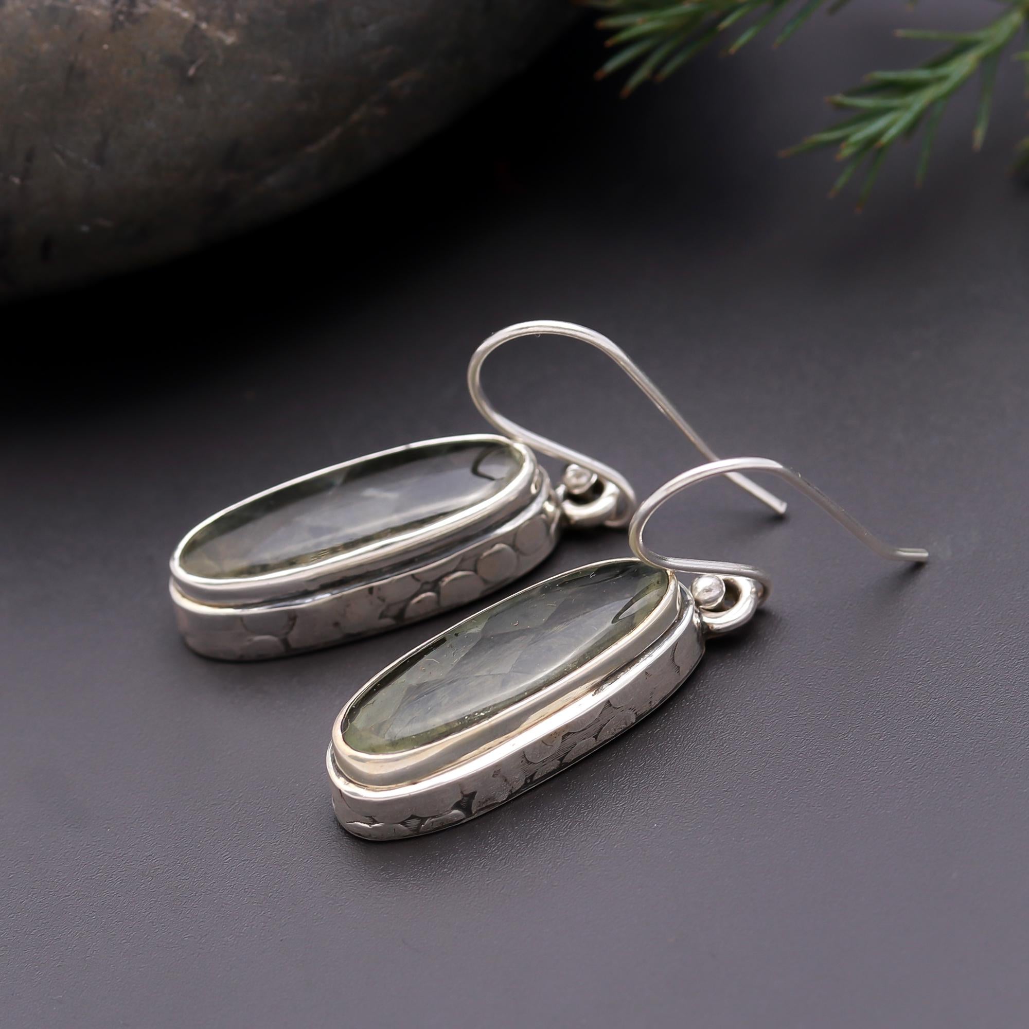 925 Silver Long Oval Green Quartz Dangle Earrings