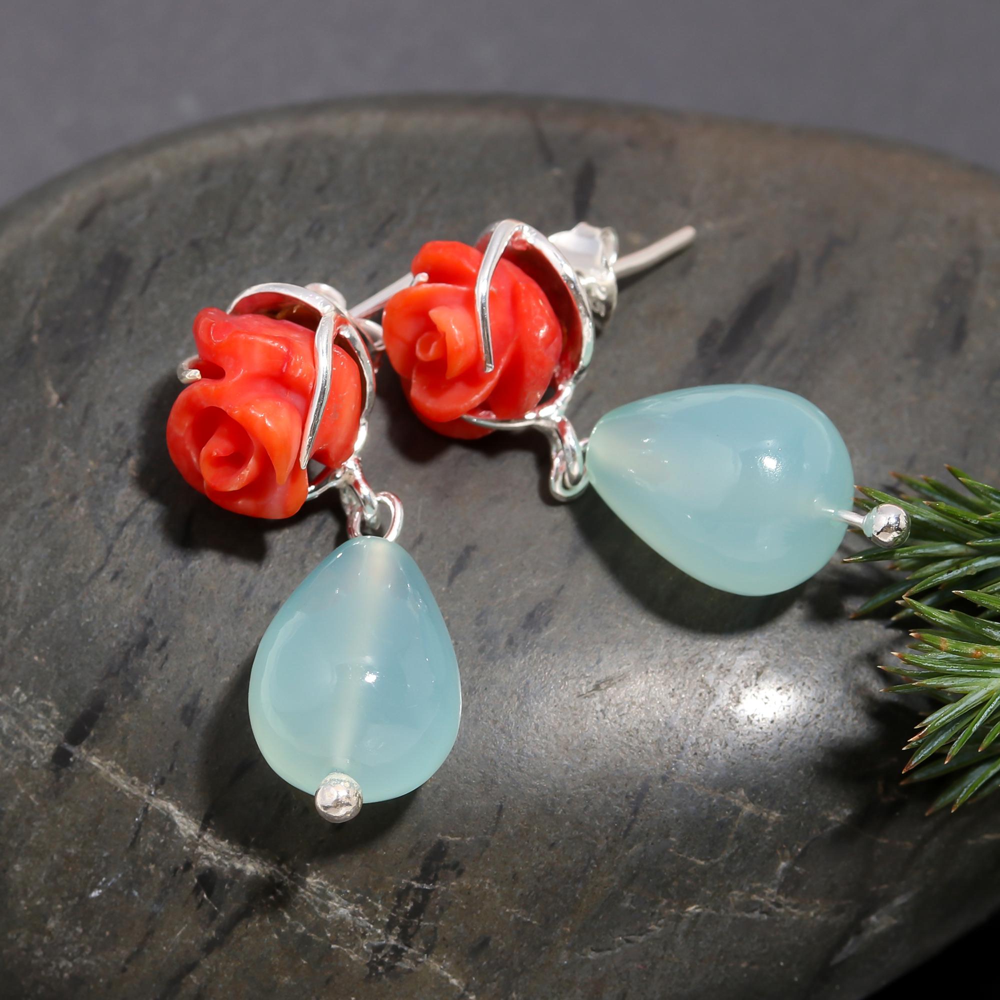 925 Silver Rose Coral & Aqua Chalcedony Drop Earrings