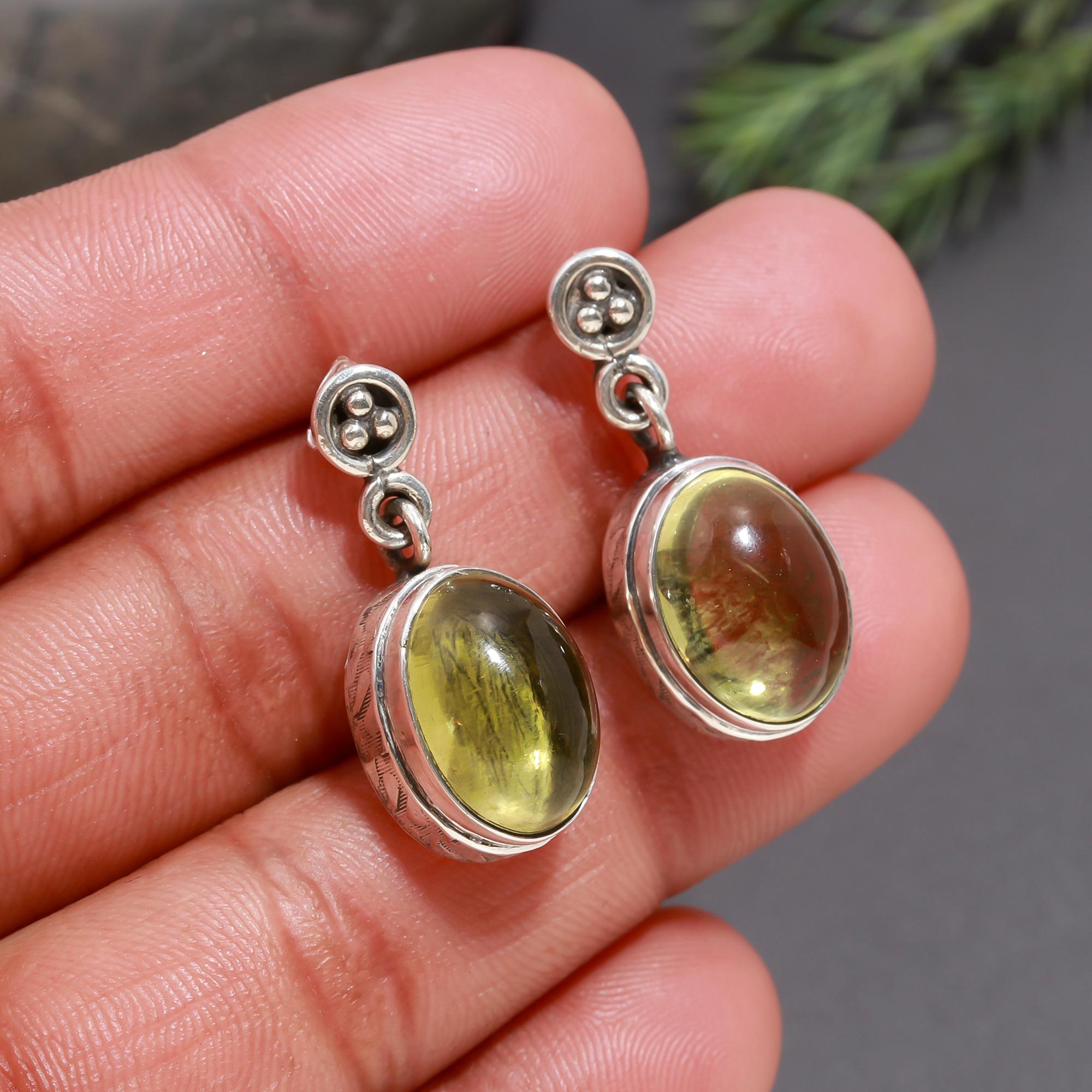 925 Silver Oval Prehnite Drop Earrings