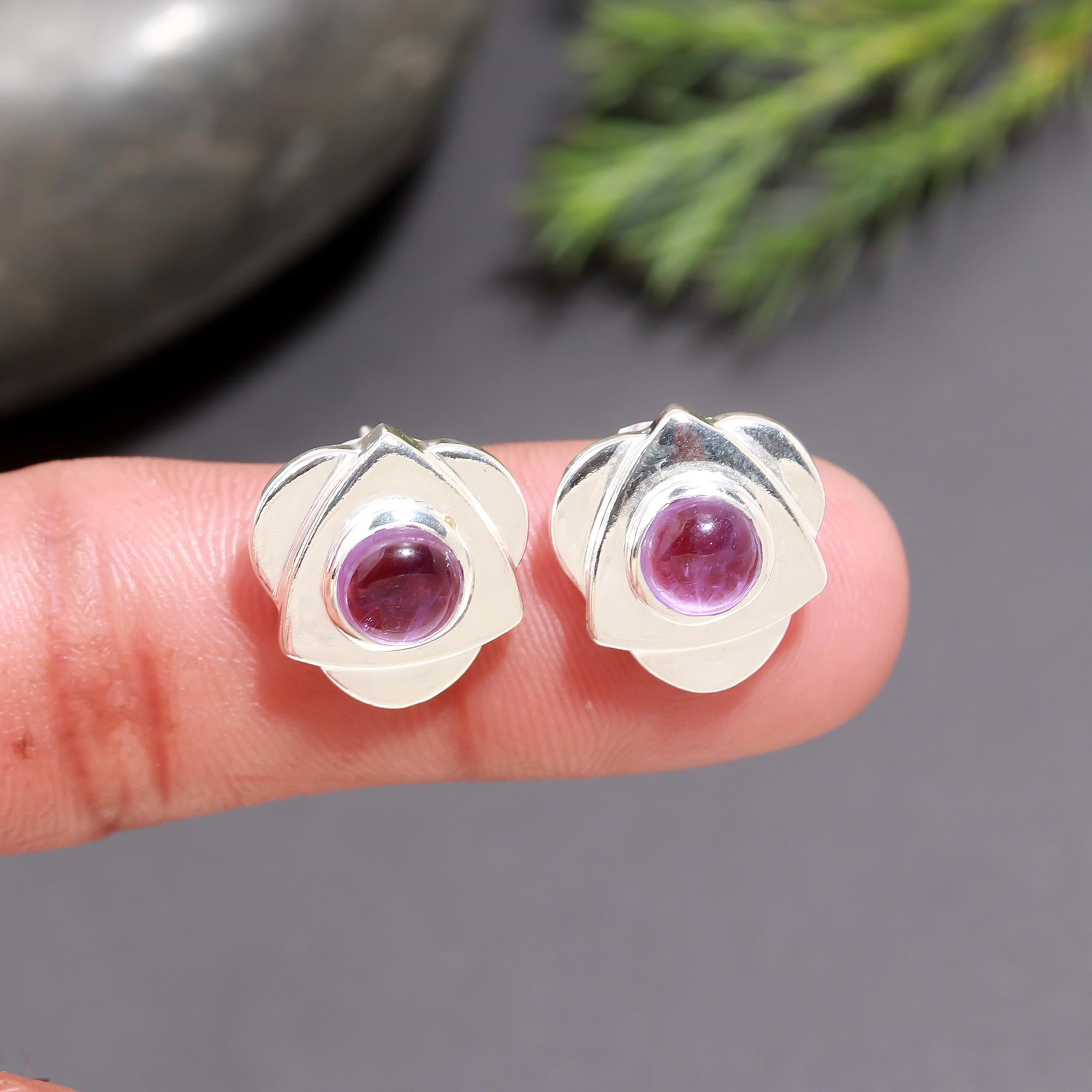 925 Silver Round Amethyst Floral Stud Earrings