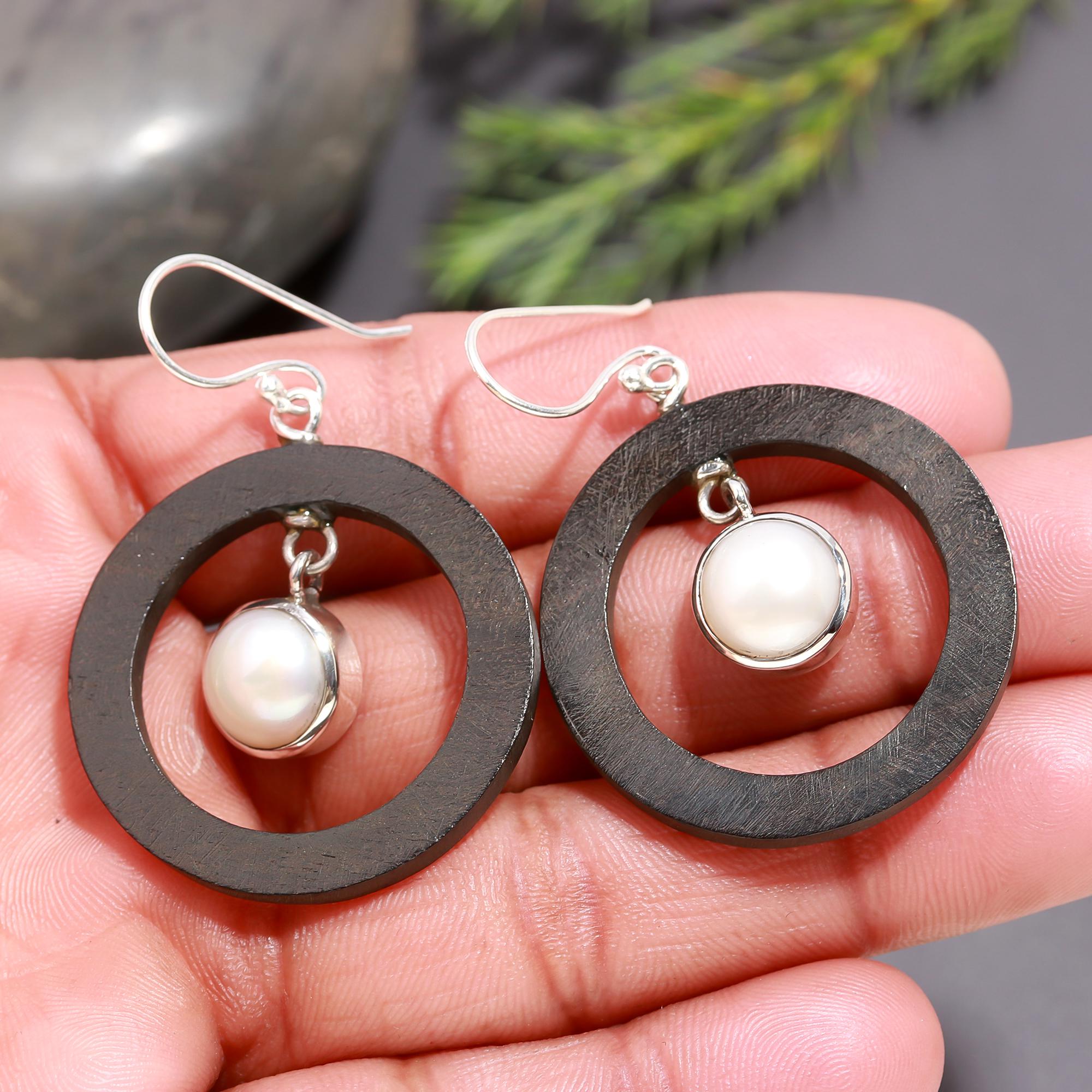 925 Silver Round Wood Hoop Pearl Dangle Earrings