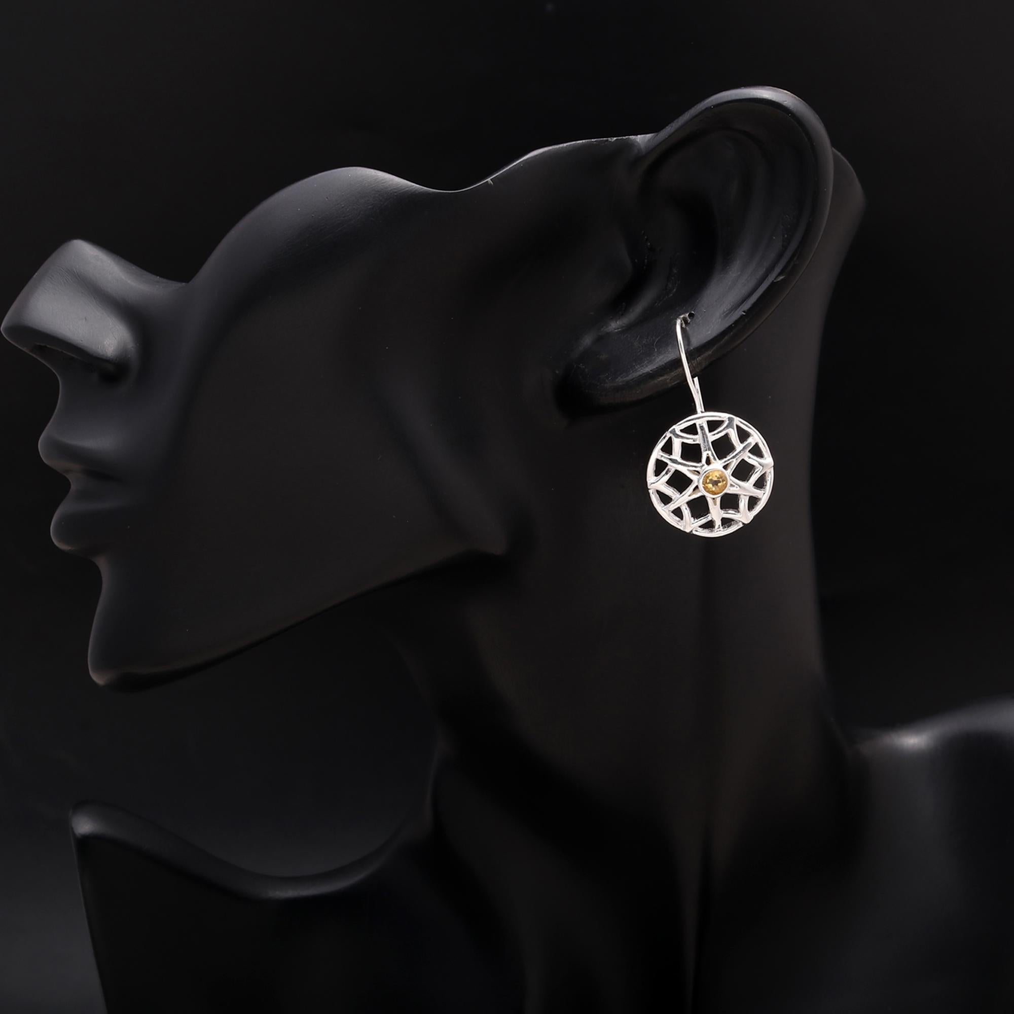 925 Silver Round Web Design Citrine Dangle Earrings