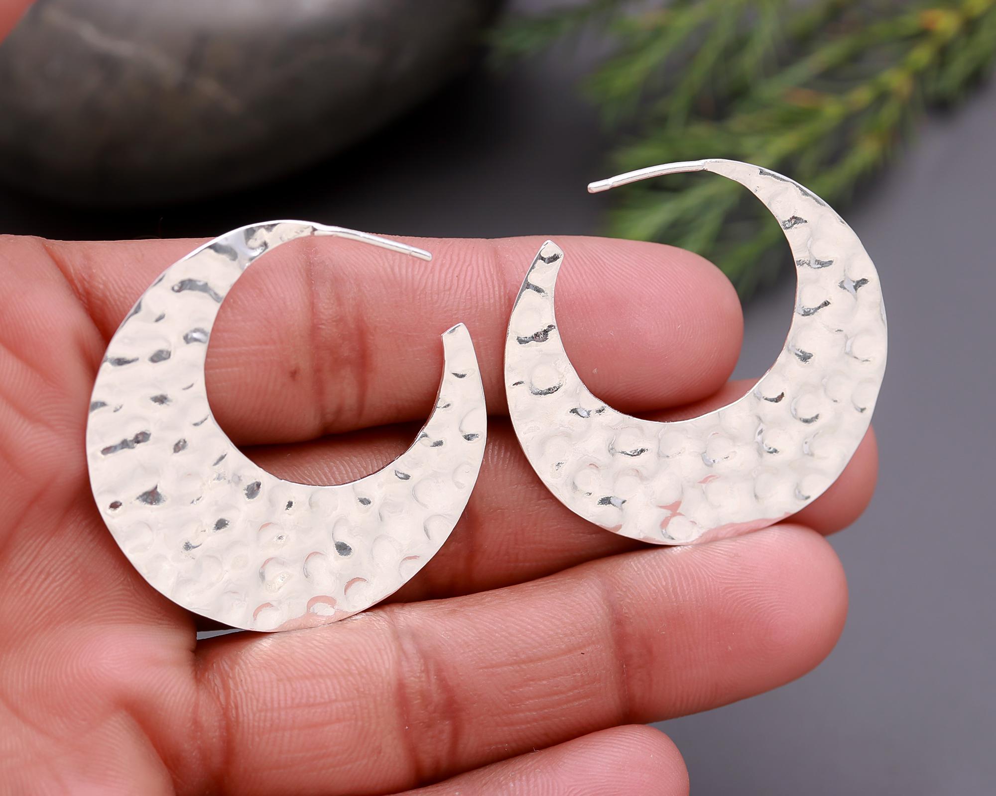 925 Silver Hammered Crescent Hoop Earrings