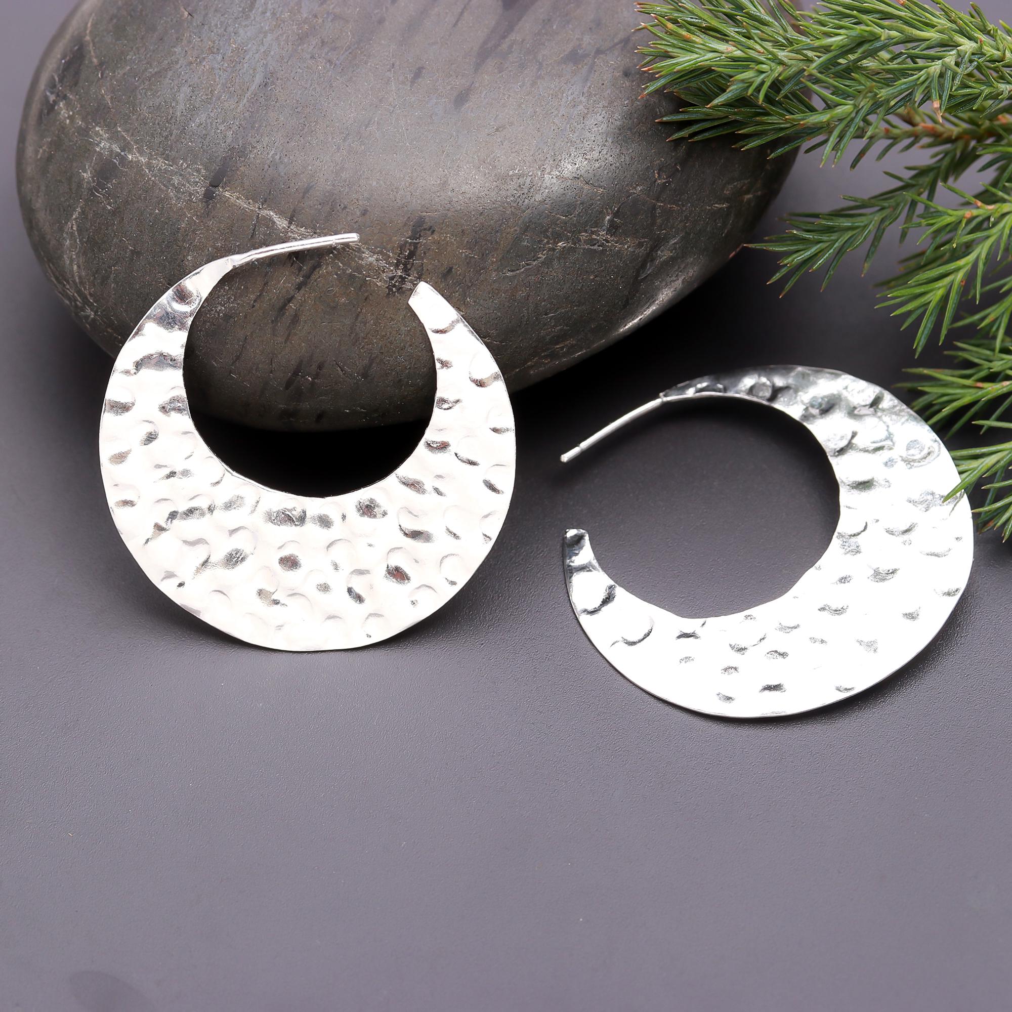 925 Silver Hammered Crescent Hoop Earrings