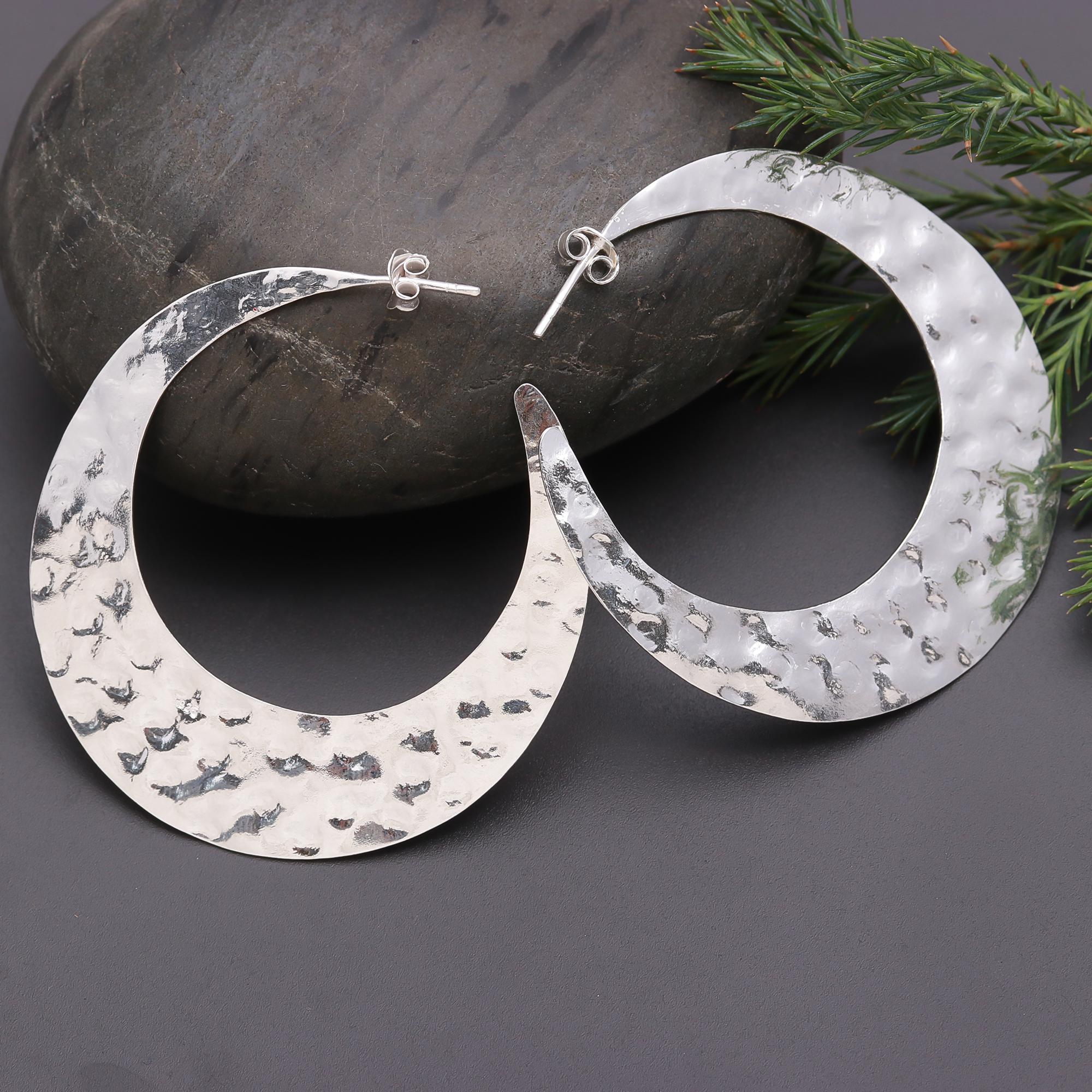 925 Silver Large Hammered Crescent Hoop Earrings