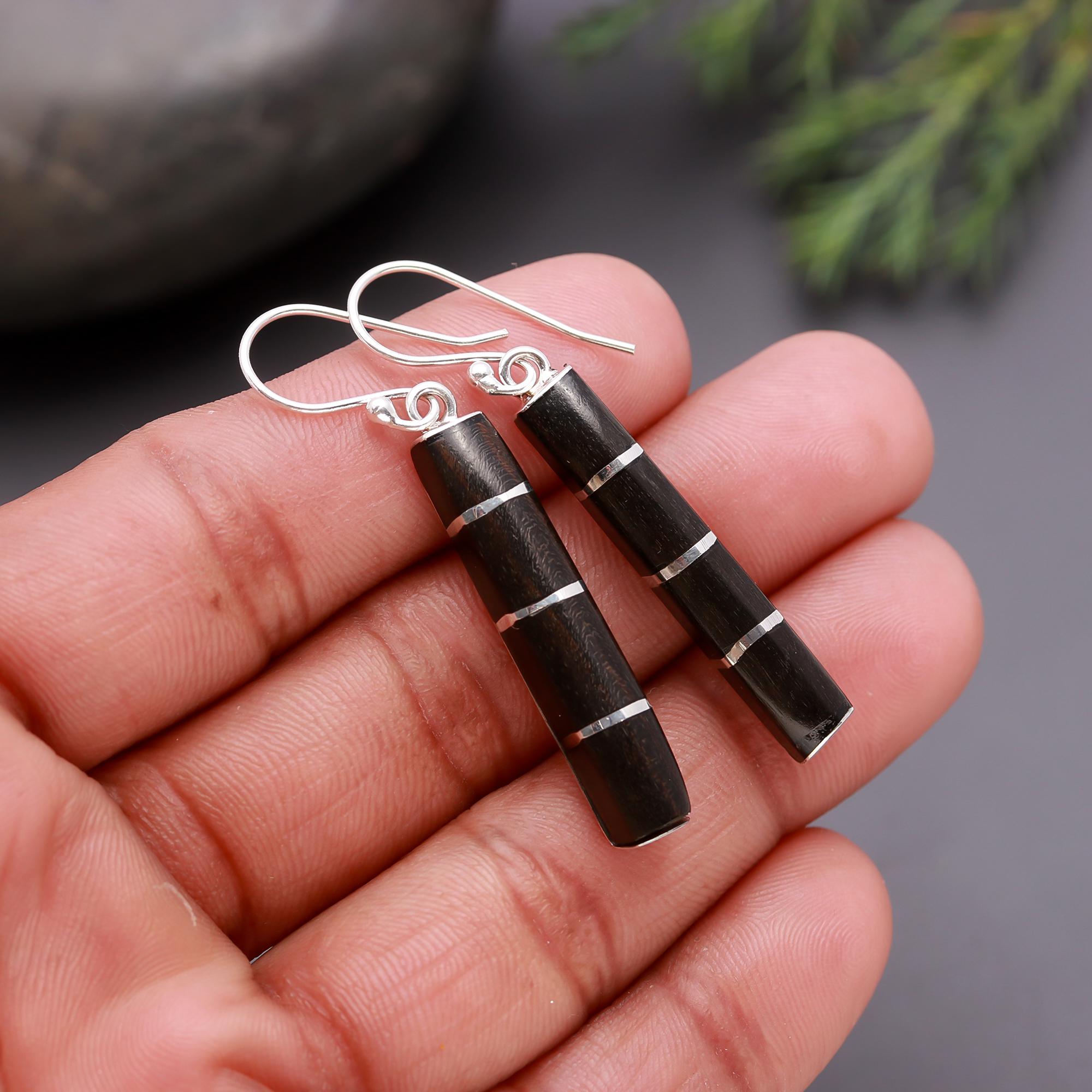 925 Silver Wood Striped Bar Dangle Earrings