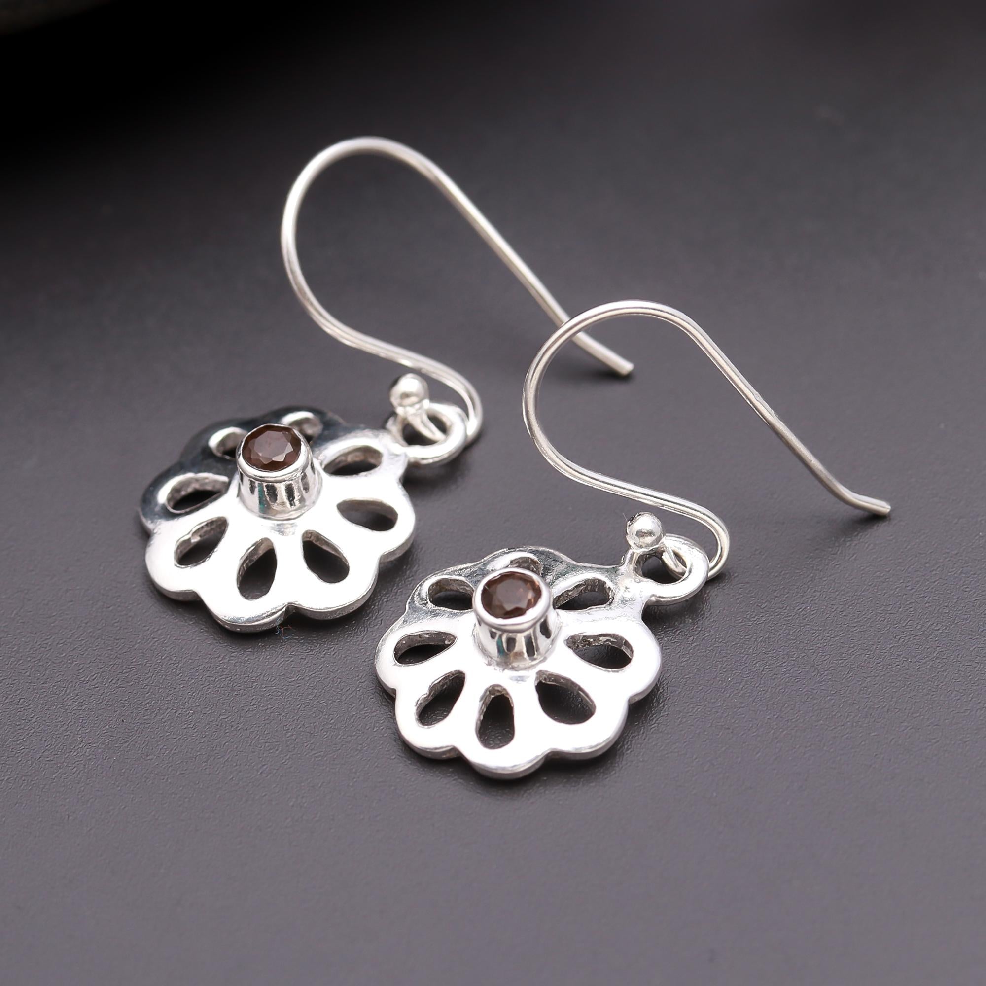 925 Silver Floral Cutout Garnet Dangle Earrings