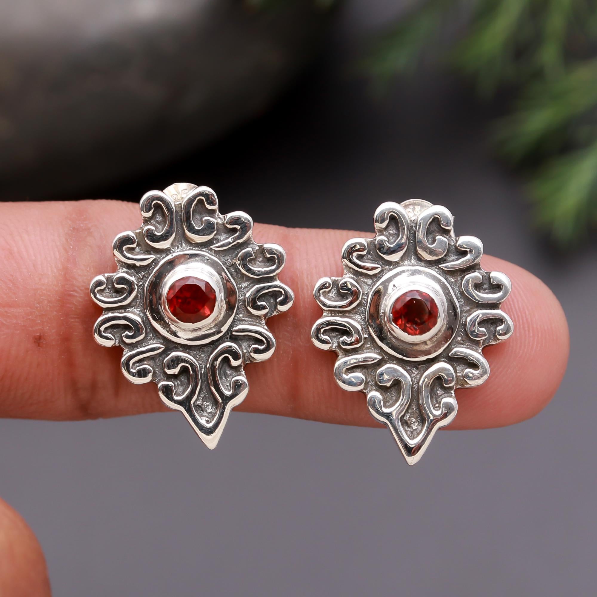 925 Silver Ornate Garnet Stud Earrings