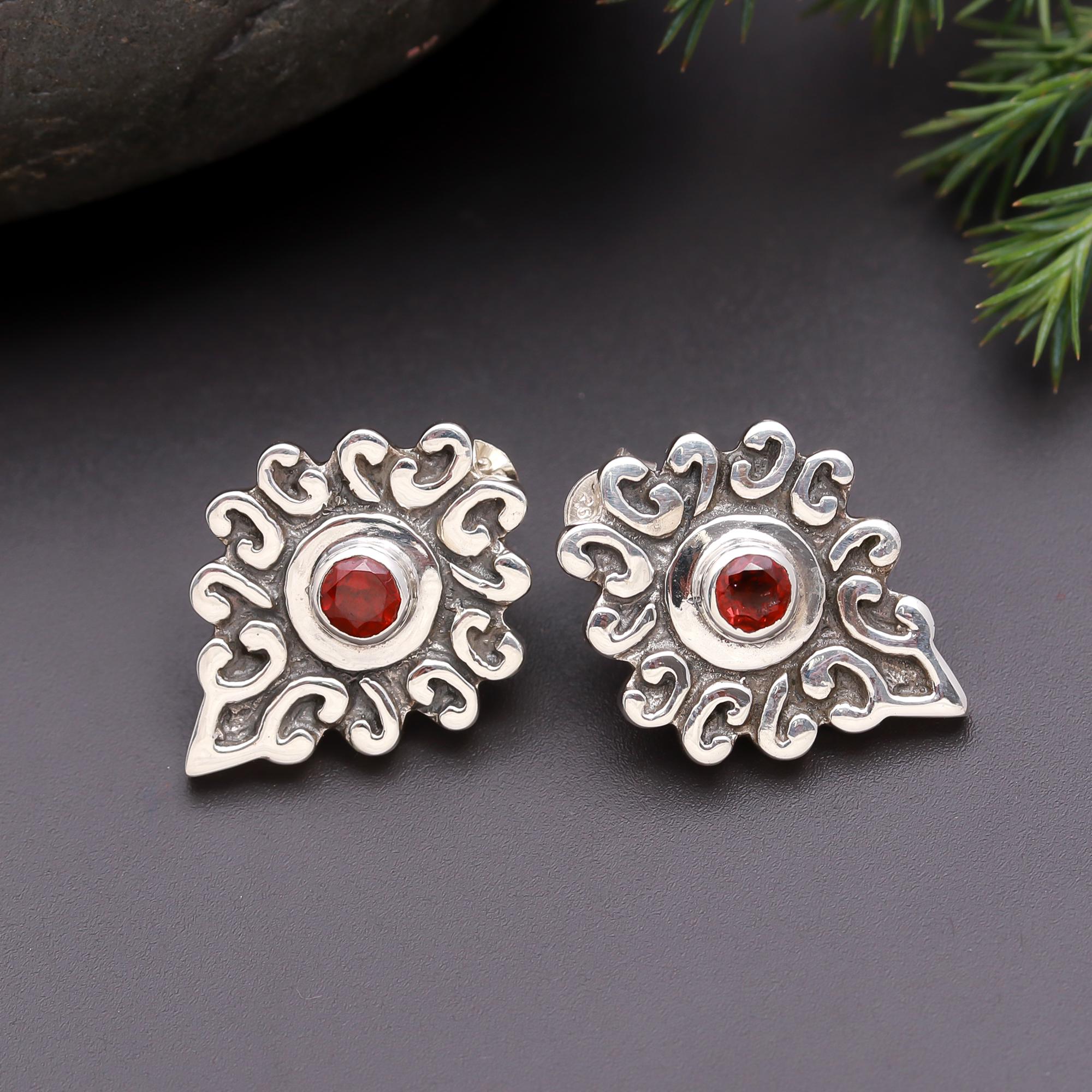 925 Silver Ornate Garnet Stud Earrings