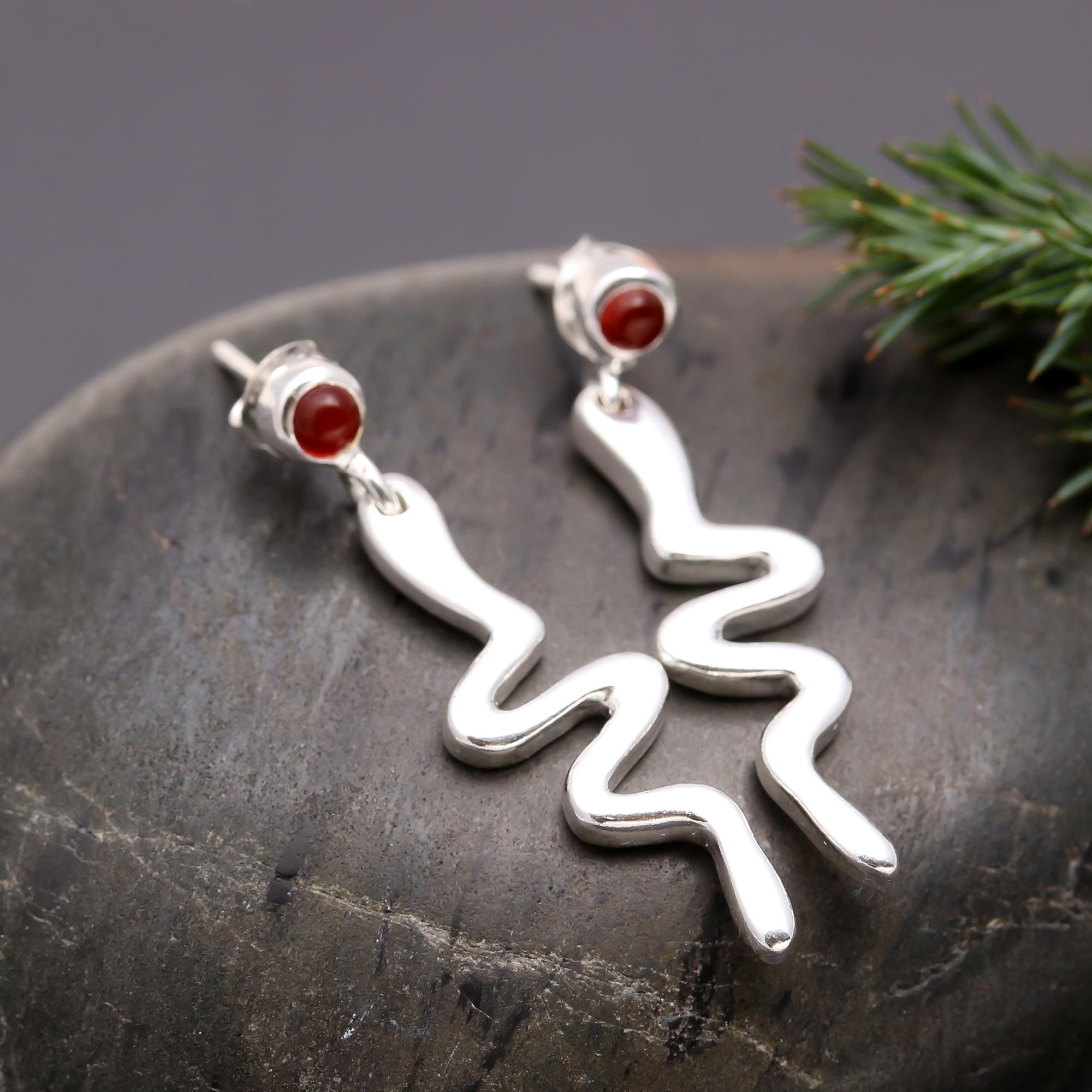 925 Silver Red Carnelian Wavy Drop Earrings