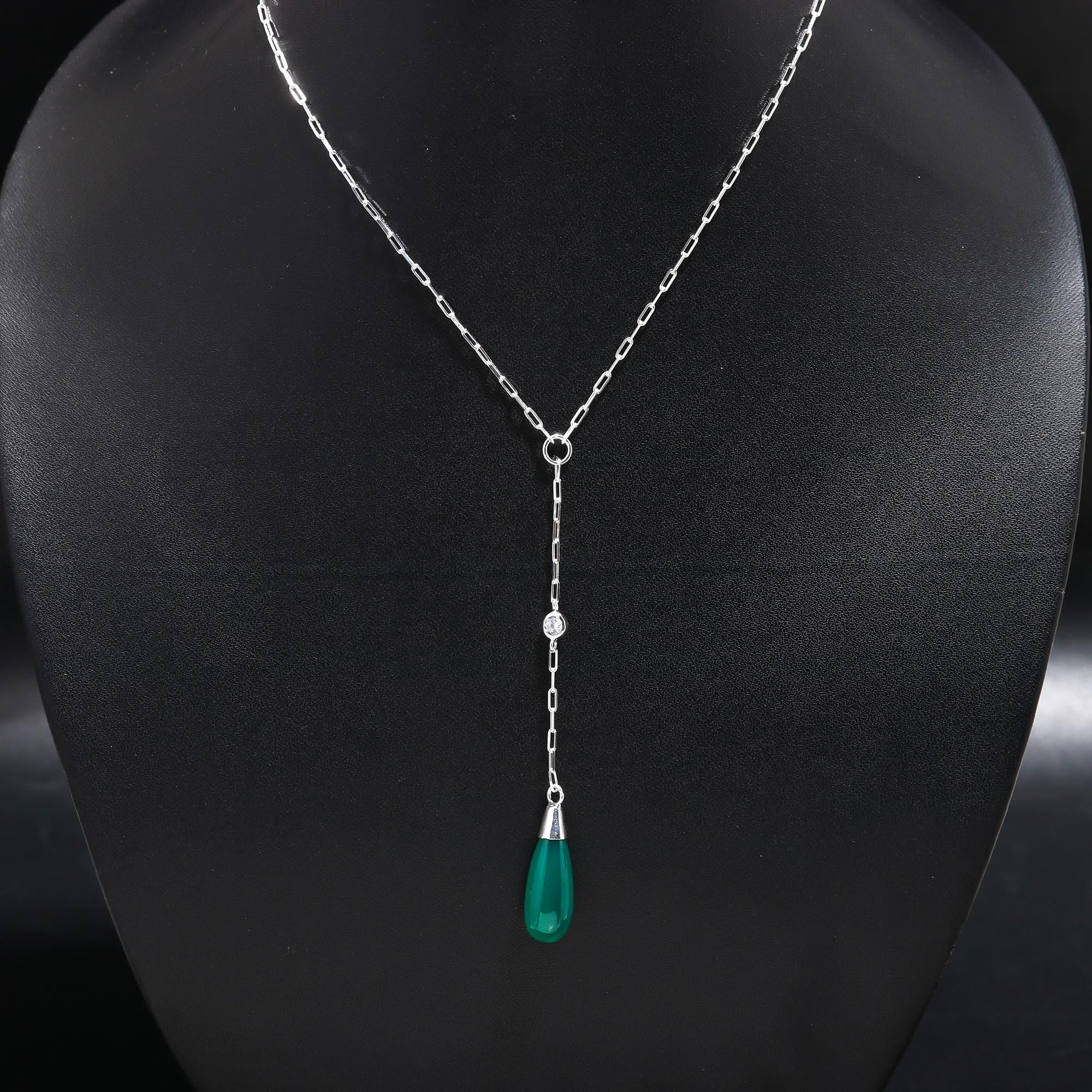 The Verdant Drop: Green Onyx & Silver Y-Necklace