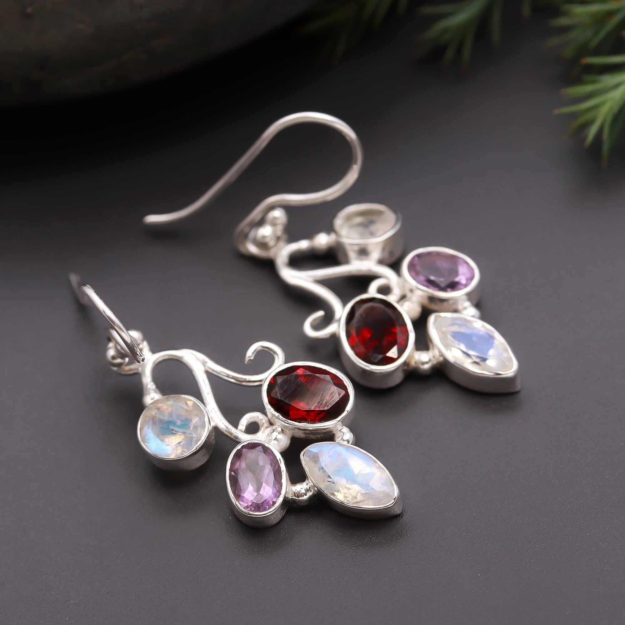 925 Silver Multi-Gemstone Floral Dangle Earrings