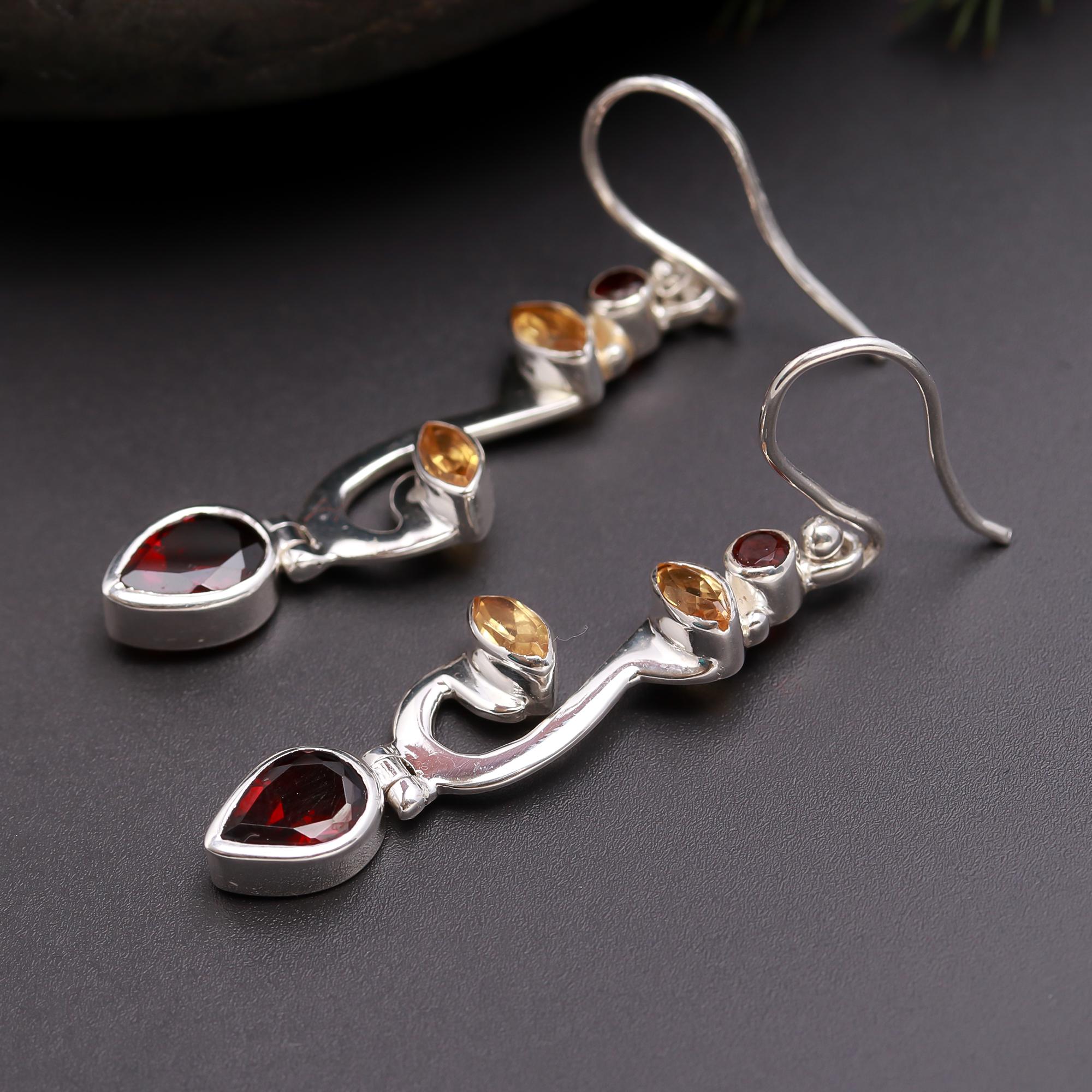 925 Silver Garnet and Citrine Drop Earrings