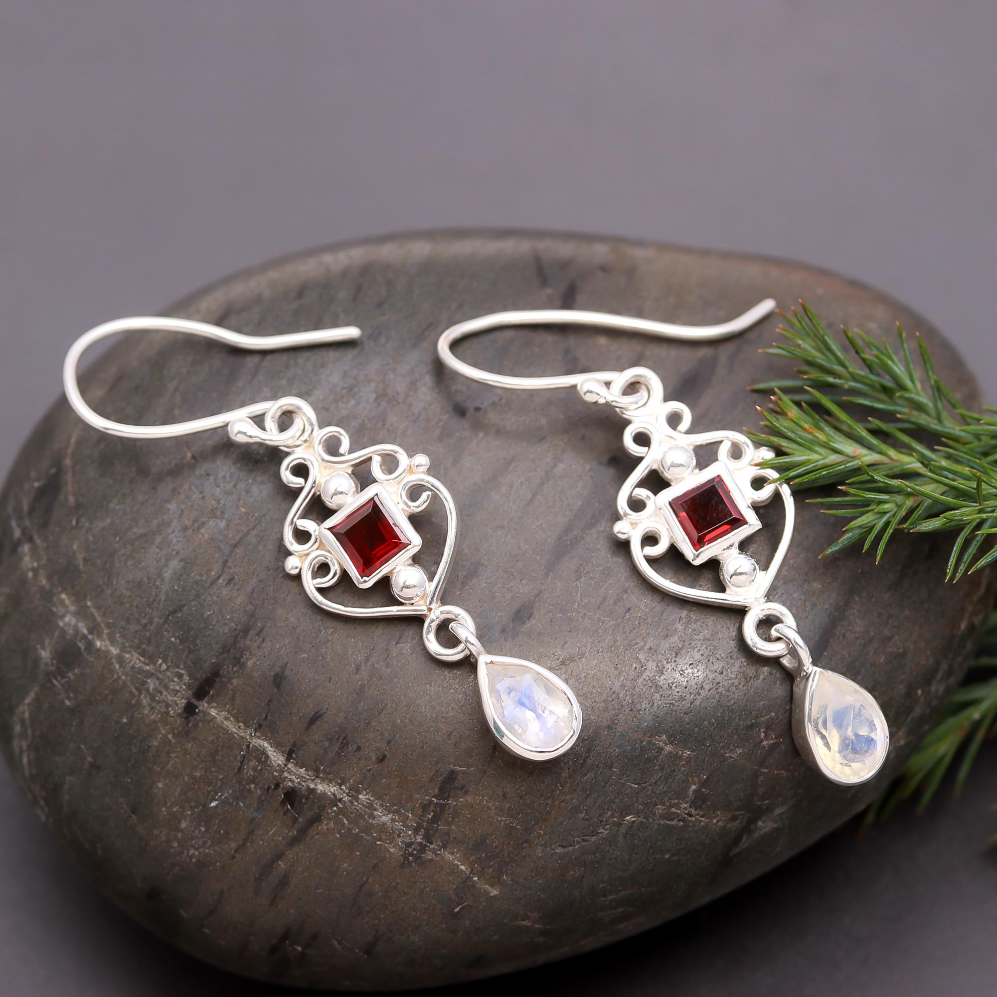 925 Silver Garnet and Moonstone Dangle Earrings