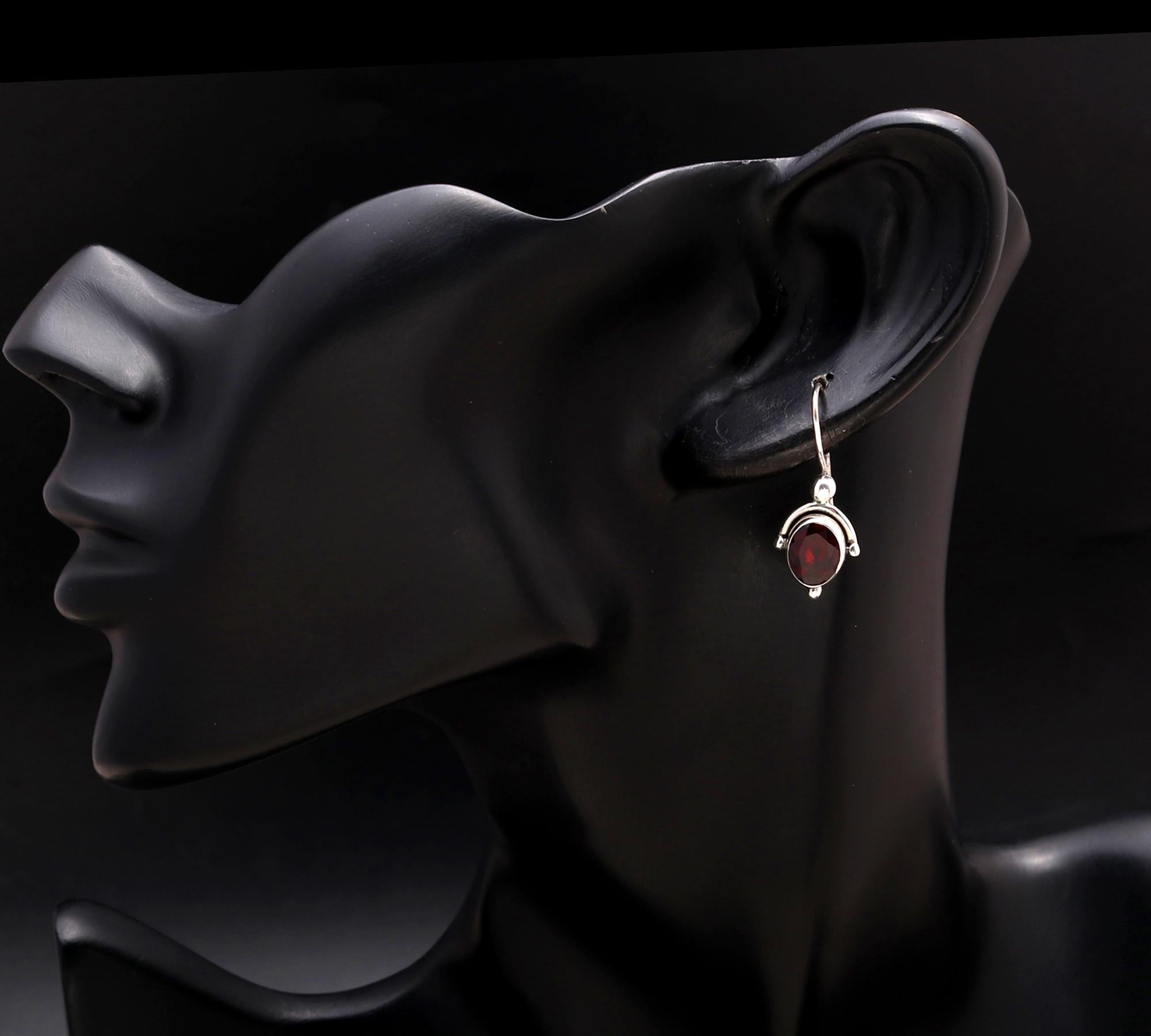 925 Silver Oval Garnet Dangle Earrings