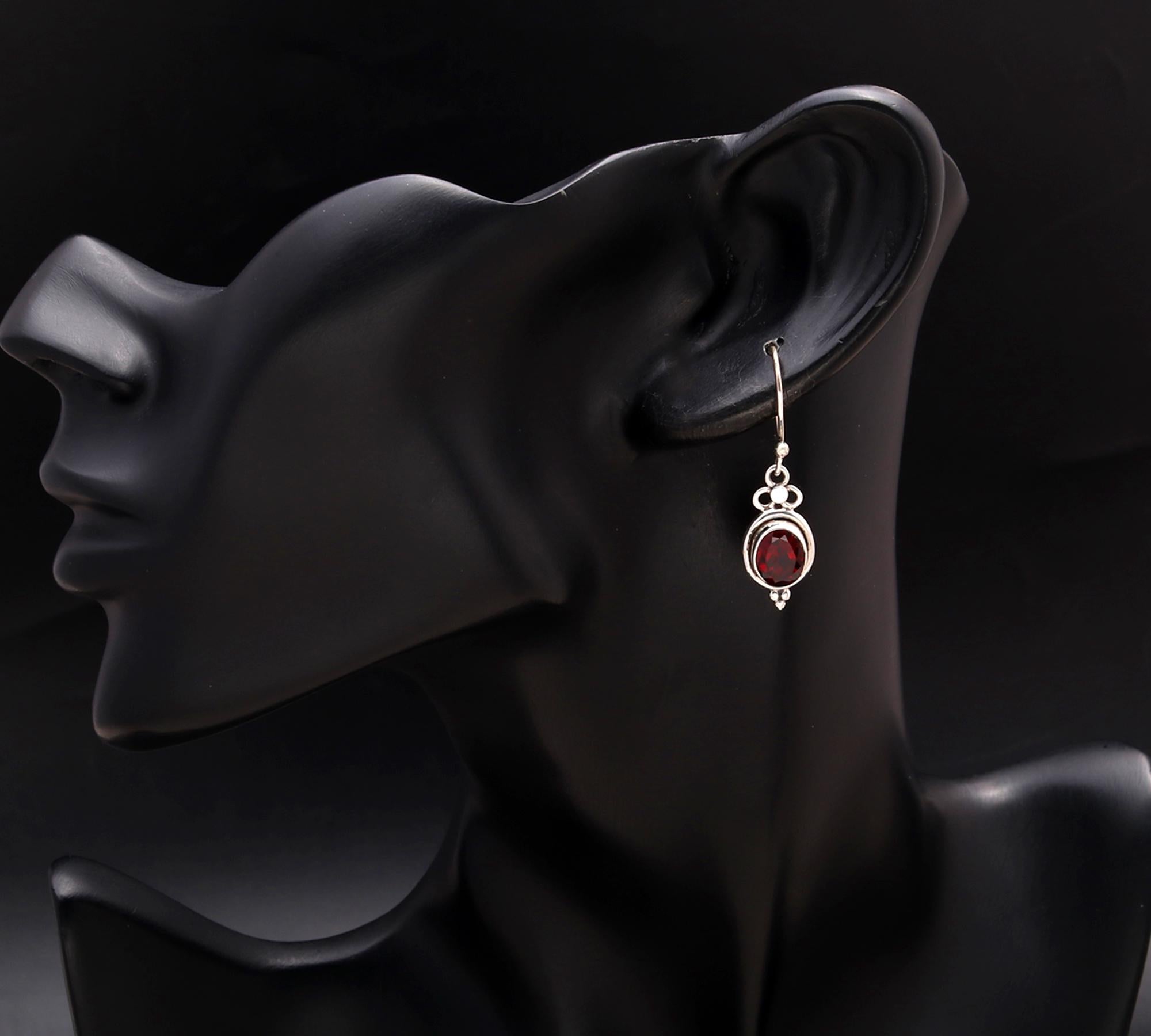 925 Silver Oval Garnet Dangle Earrings