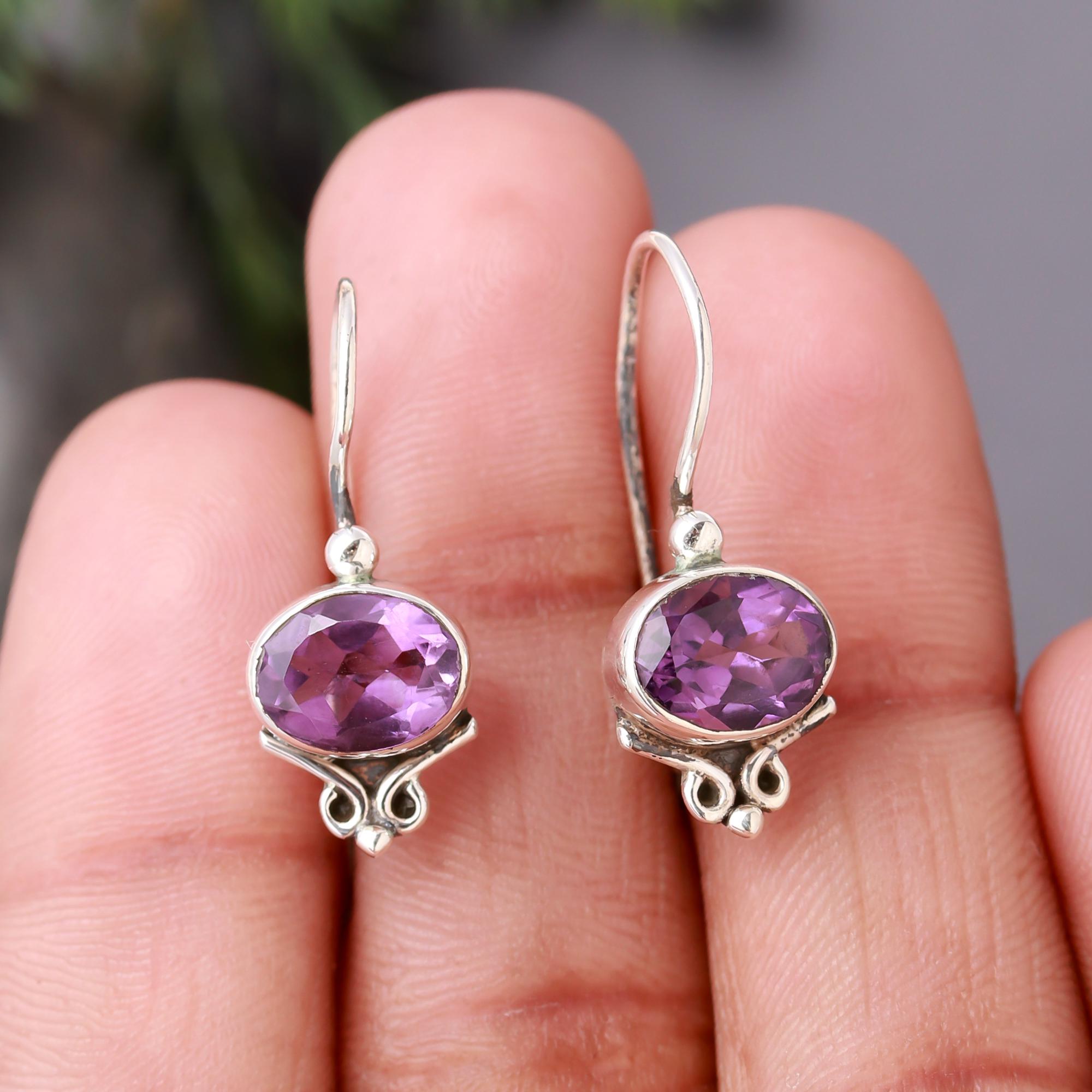 925 Silver Oval Amethyst Dangle Earrings