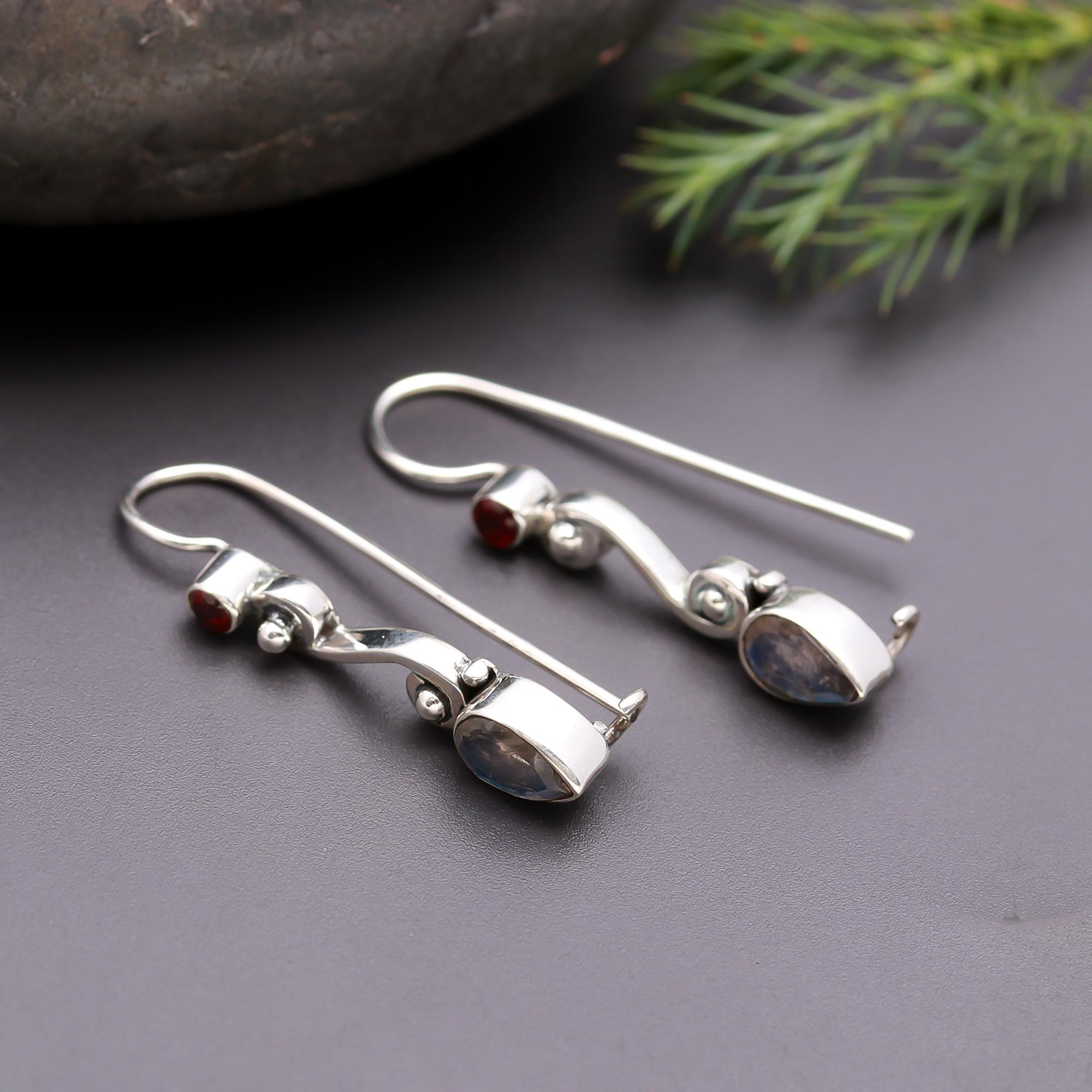 925 Silver Garnet & Moonstone Teardrop Dangle Earrings