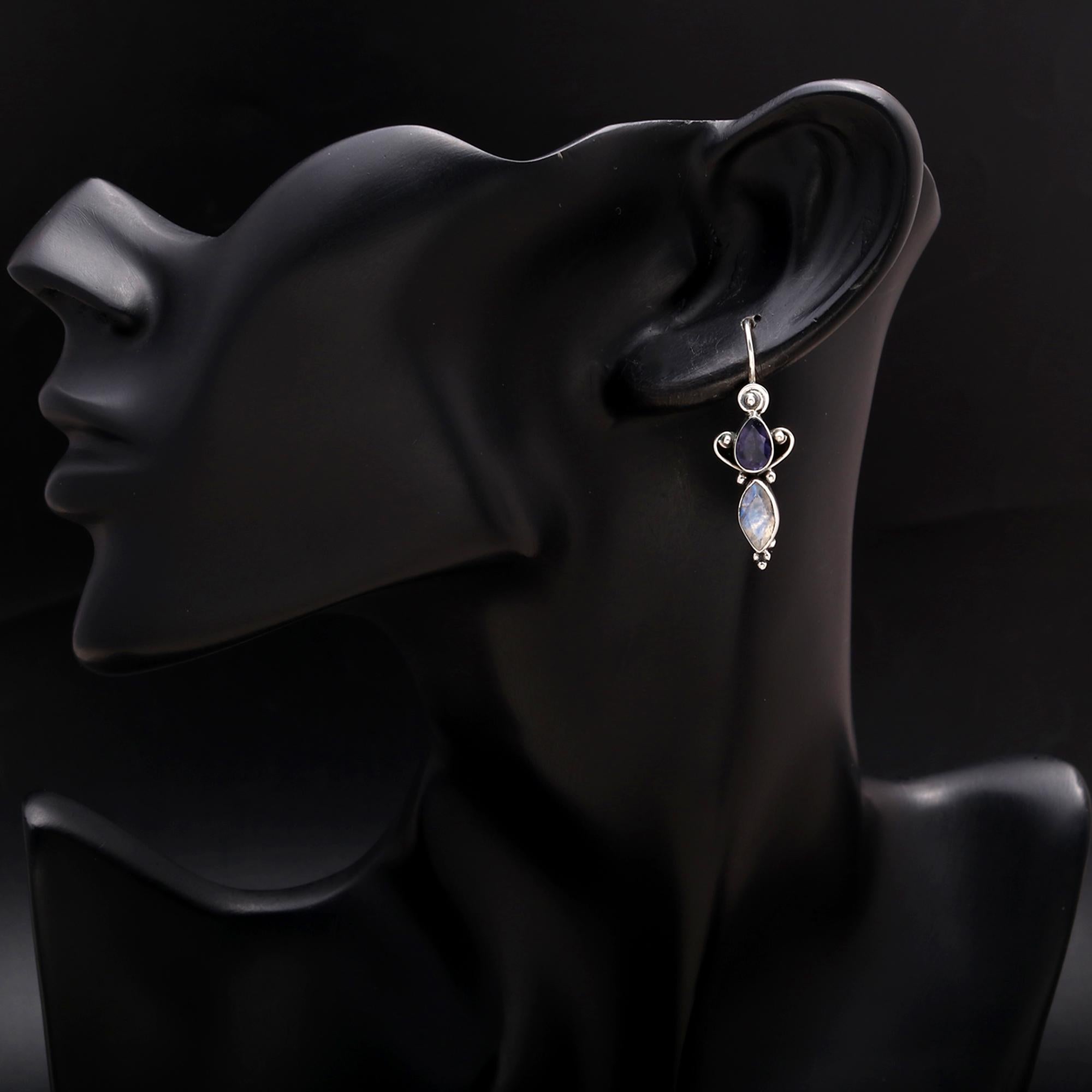 925 Silver Iolite and Moonstone Teardrop Dangle Earrings