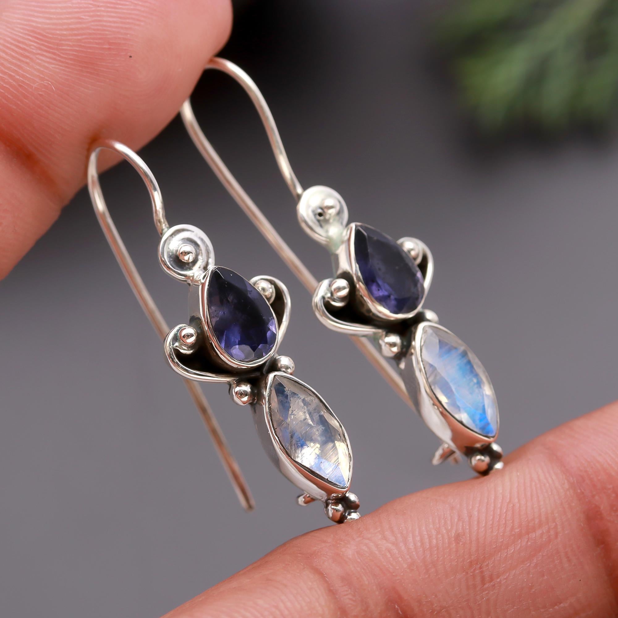 925 Silver Iolite and Moonstone Teardrop Dangle Earrings