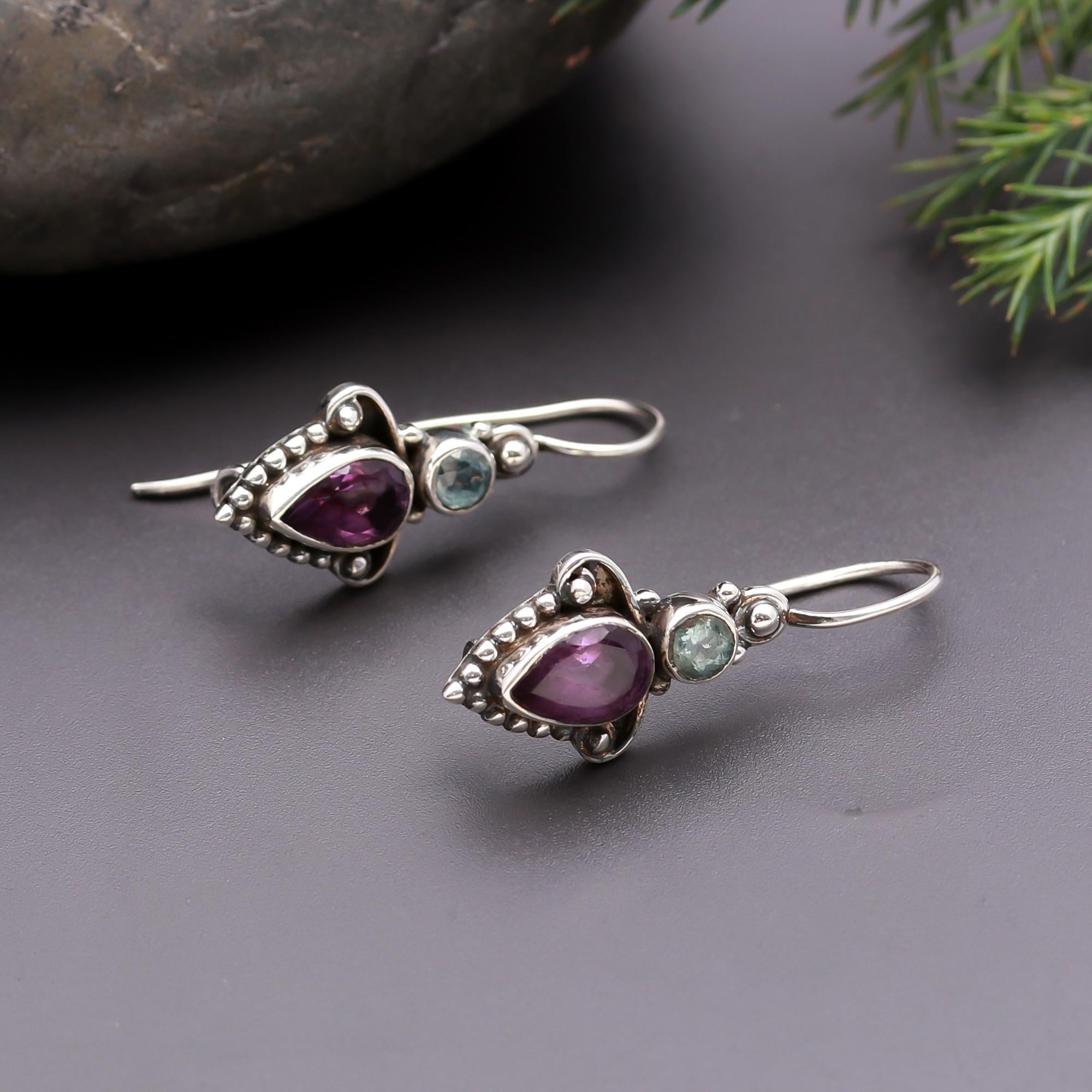 925 Silver Amethyst and Aquamarine Dangle Earrings