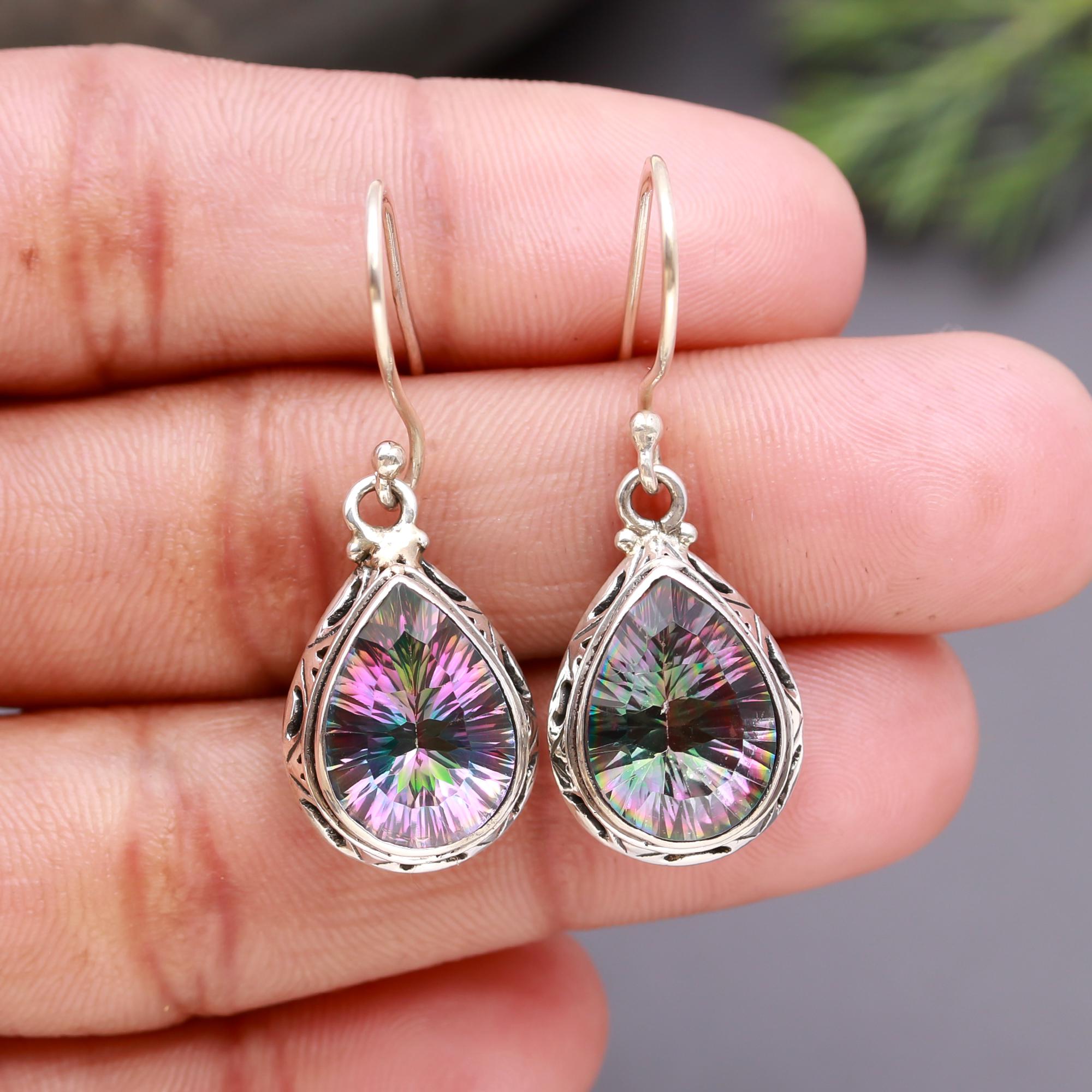 925 Silver Pear Mystic Topaz Filigree Drop Earrings