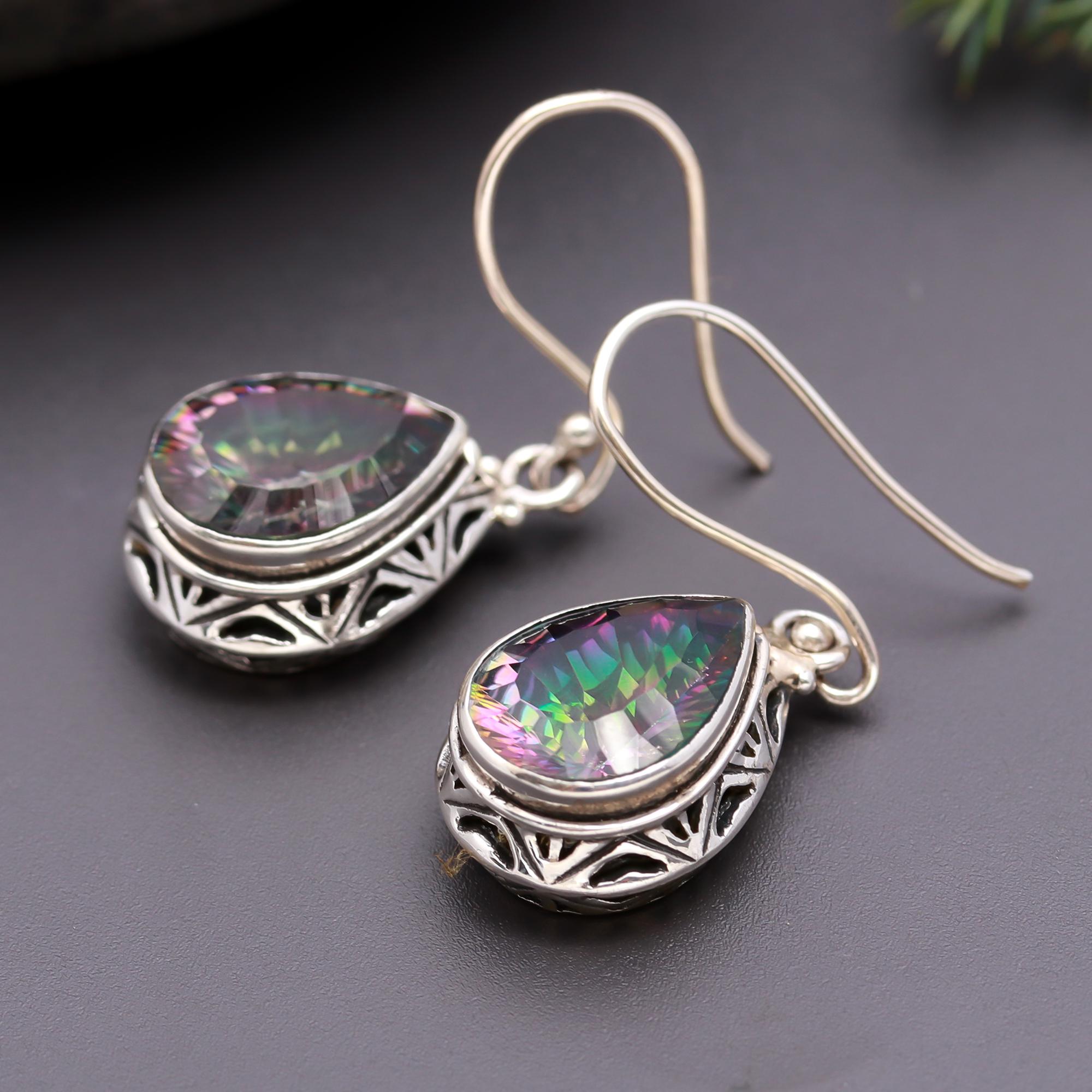 925 Silver Pear Mystic Topaz Filigree Drop Earrings