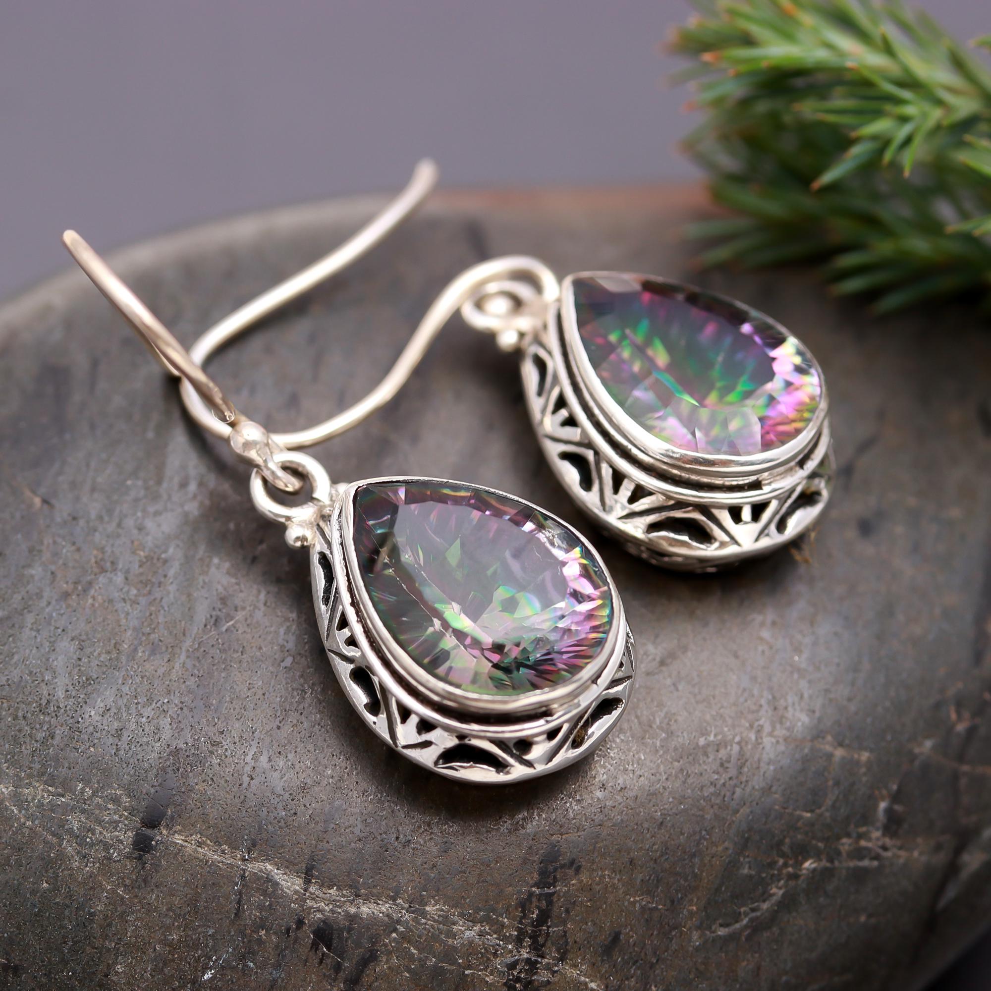 925 Silver Pear Mystic Topaz Filigree Drop Earrings